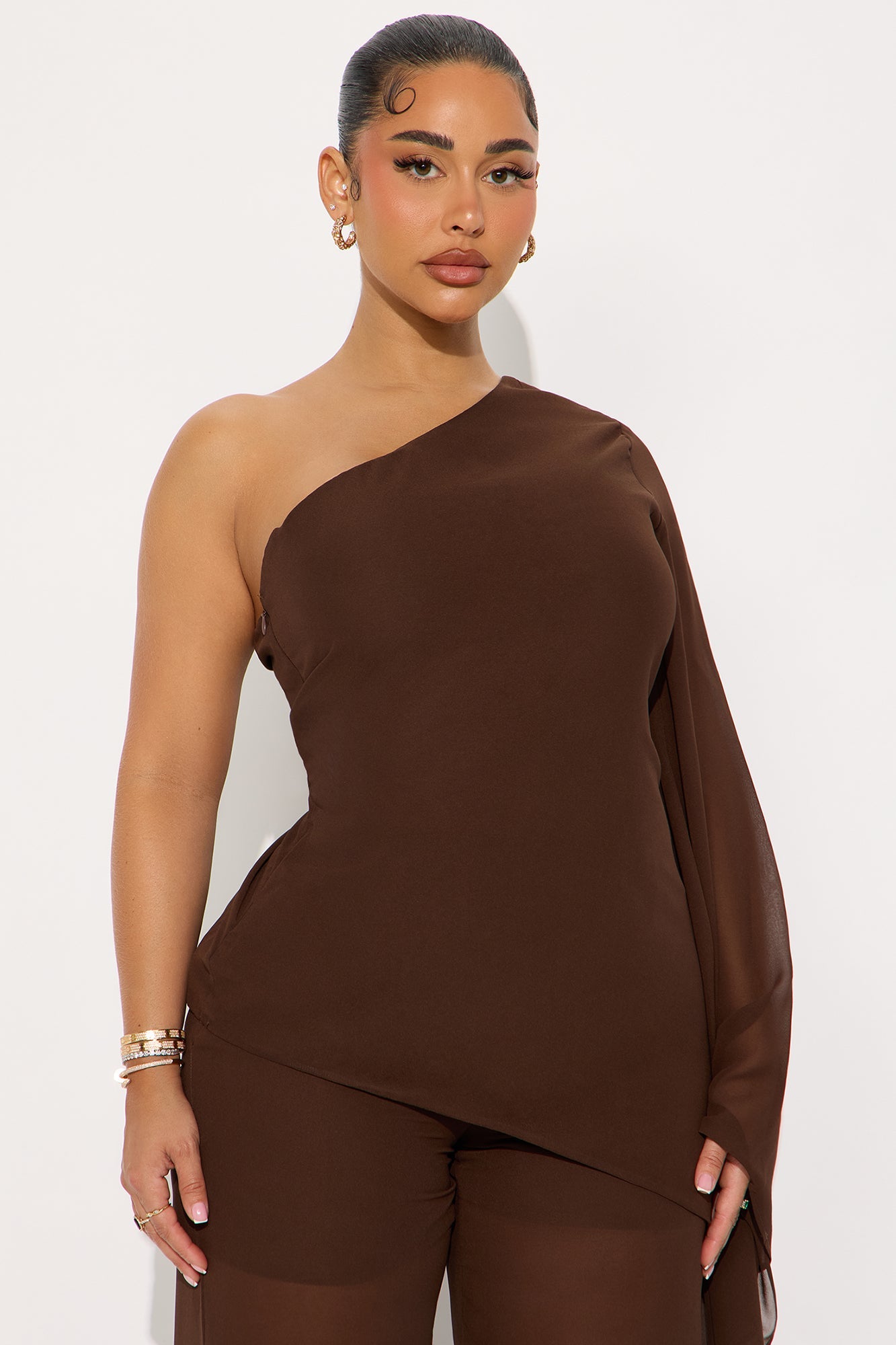No Hard Feelings One Shoulder Chiffon Pant Set - Brown 