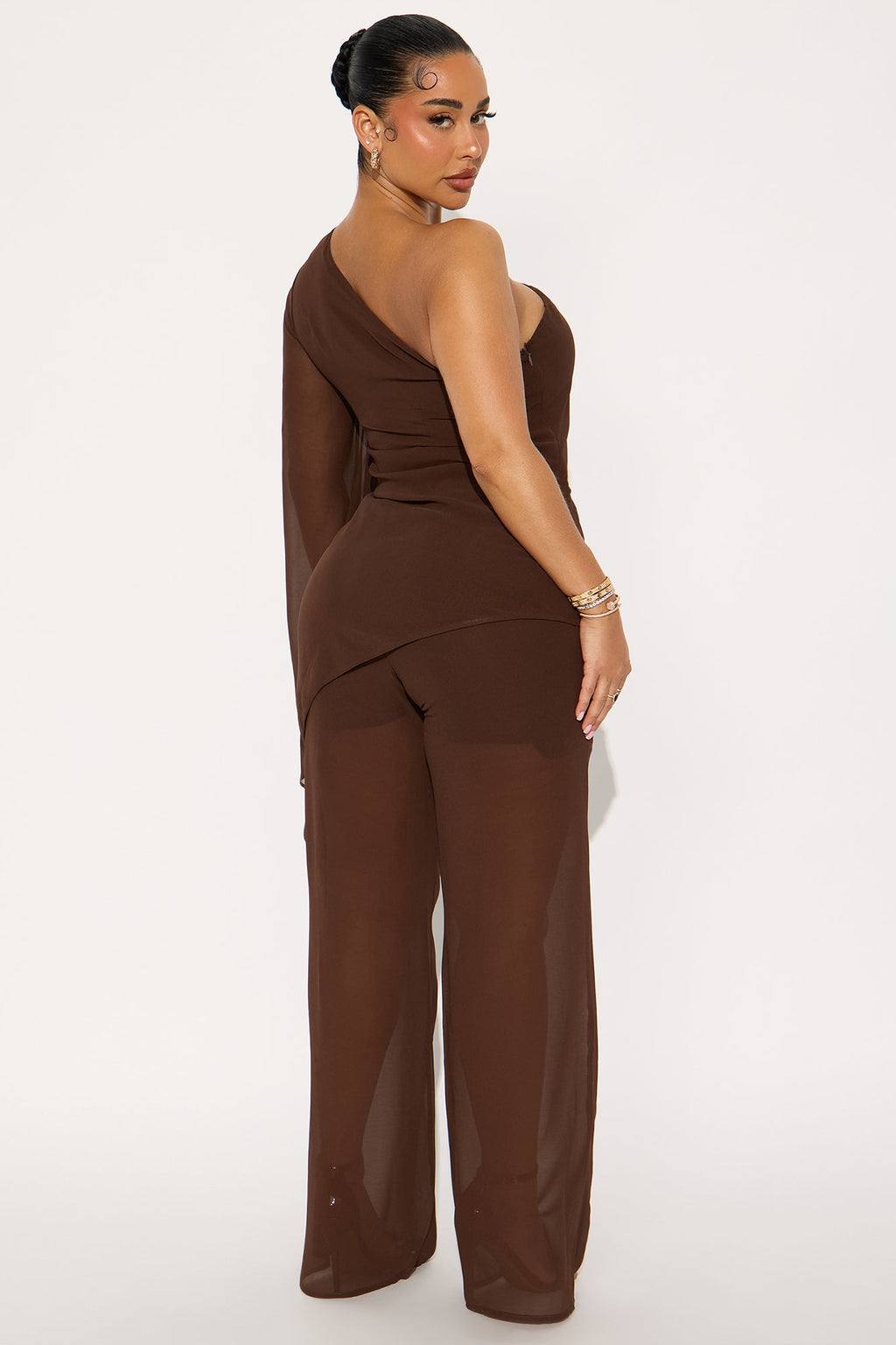No Hard Feelings One Shoulder Chiffon Pant Set - Brown 