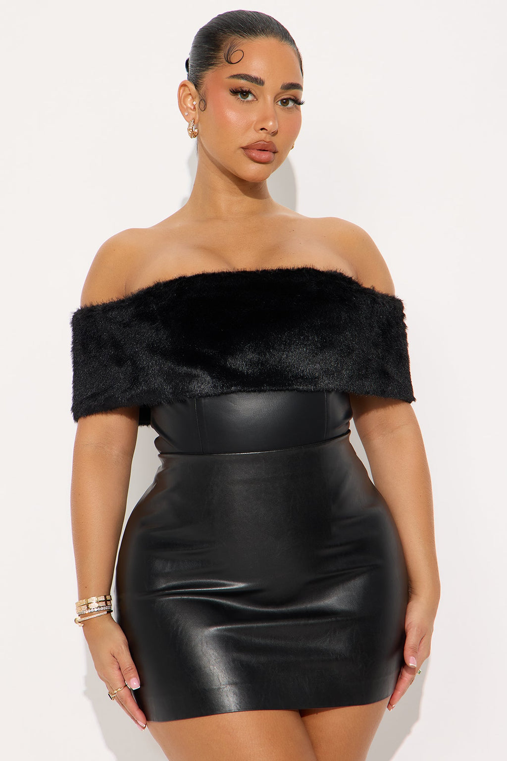 Smooth Criminal Fur Trim Faux Leather Bodysuit - Black