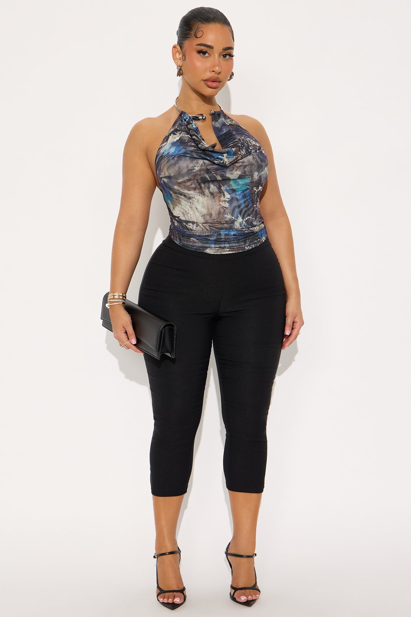Kenna Mesh Cowl Neck Halter Top - Black/combo