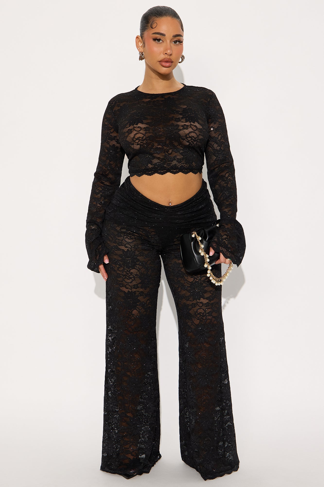 Take A Peak Low Rise Lace Pant Set - Black