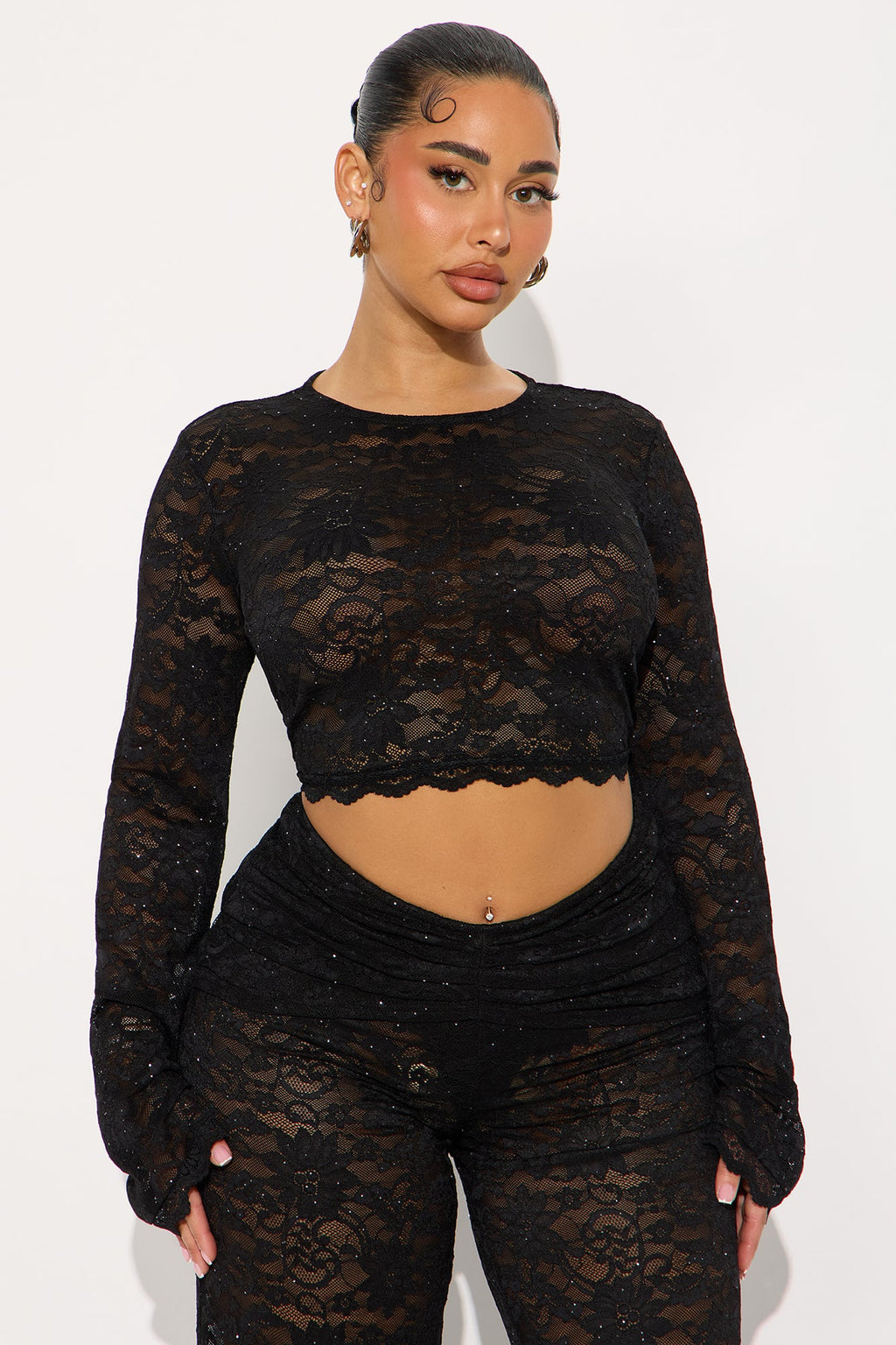 Take A Peak Low Rise Lace Pant Set - Black