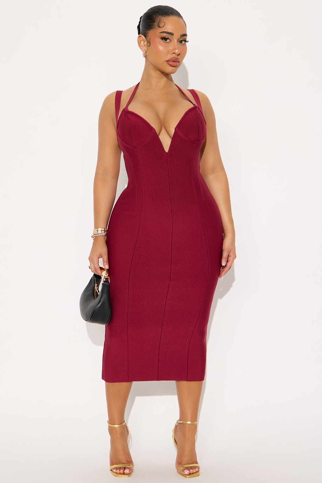 Briella Corset Halter Bandage Midi Dress - Wine