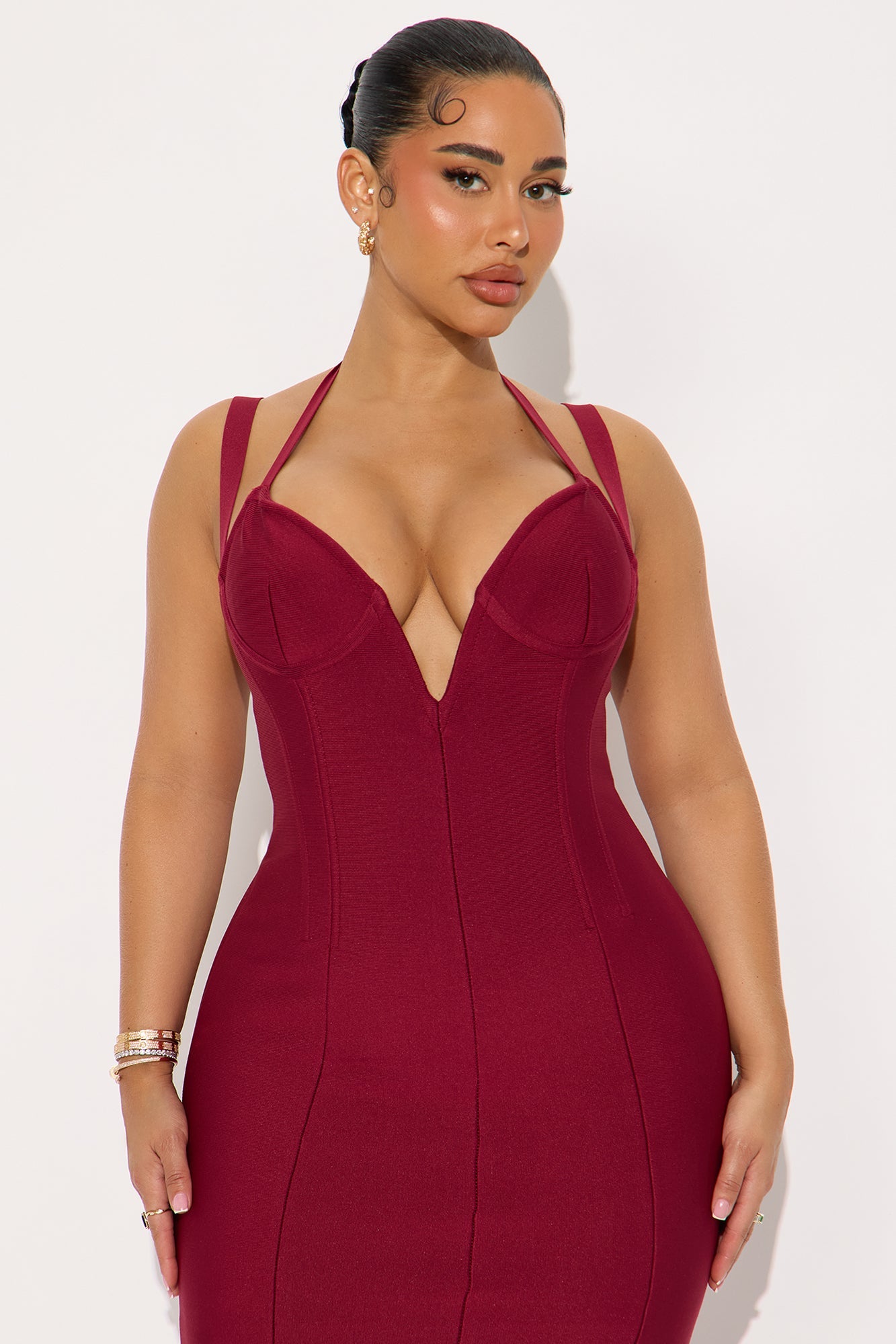 Briella Corset Halter Bandage Midi Dress - Wine