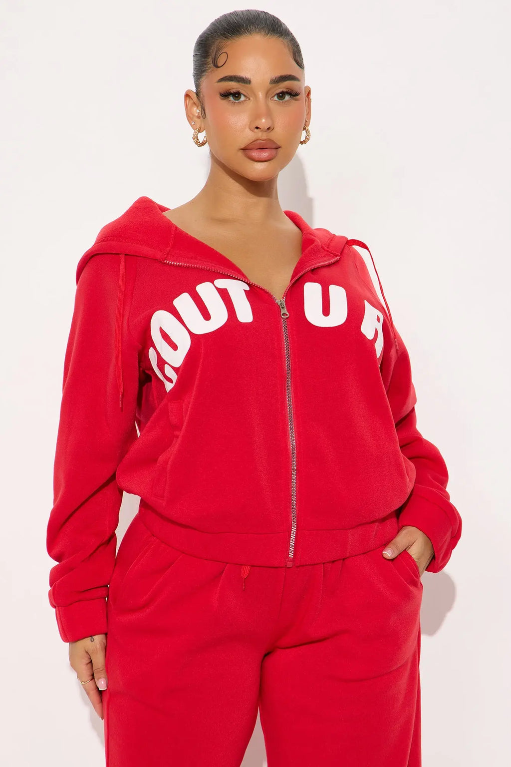 Couture Comfort Zip Up Fleece Pant Set - Red 