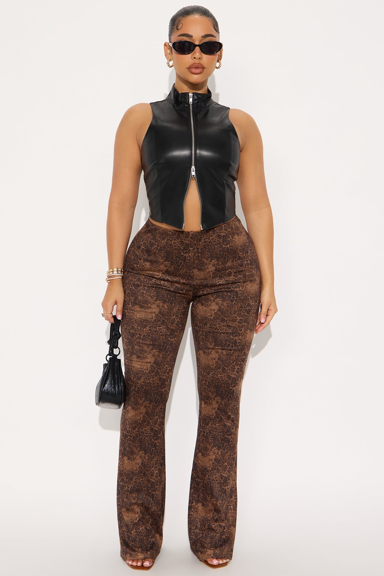 Kiki Faux Suede Leopard Flare Pant 33″ - Leopard