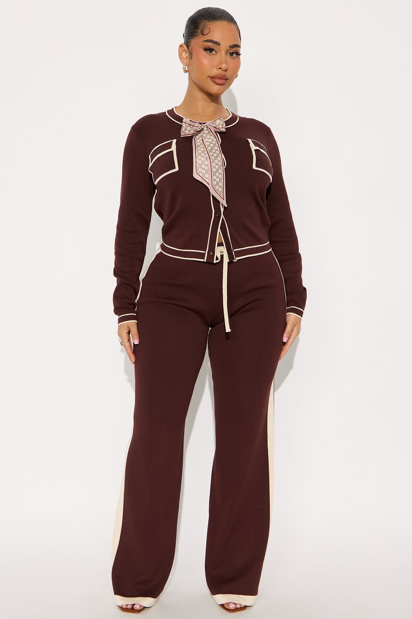 Emma Contrast Trim Sweater Set - Chocolate
