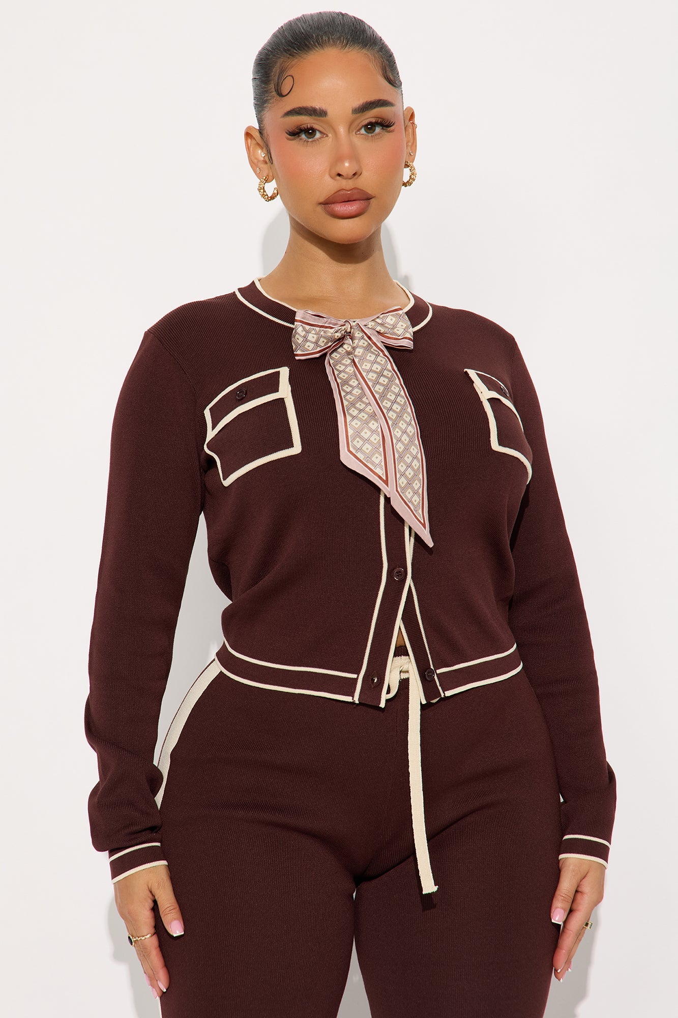 Emma Contrast Trim Sweater Set - Chocolate