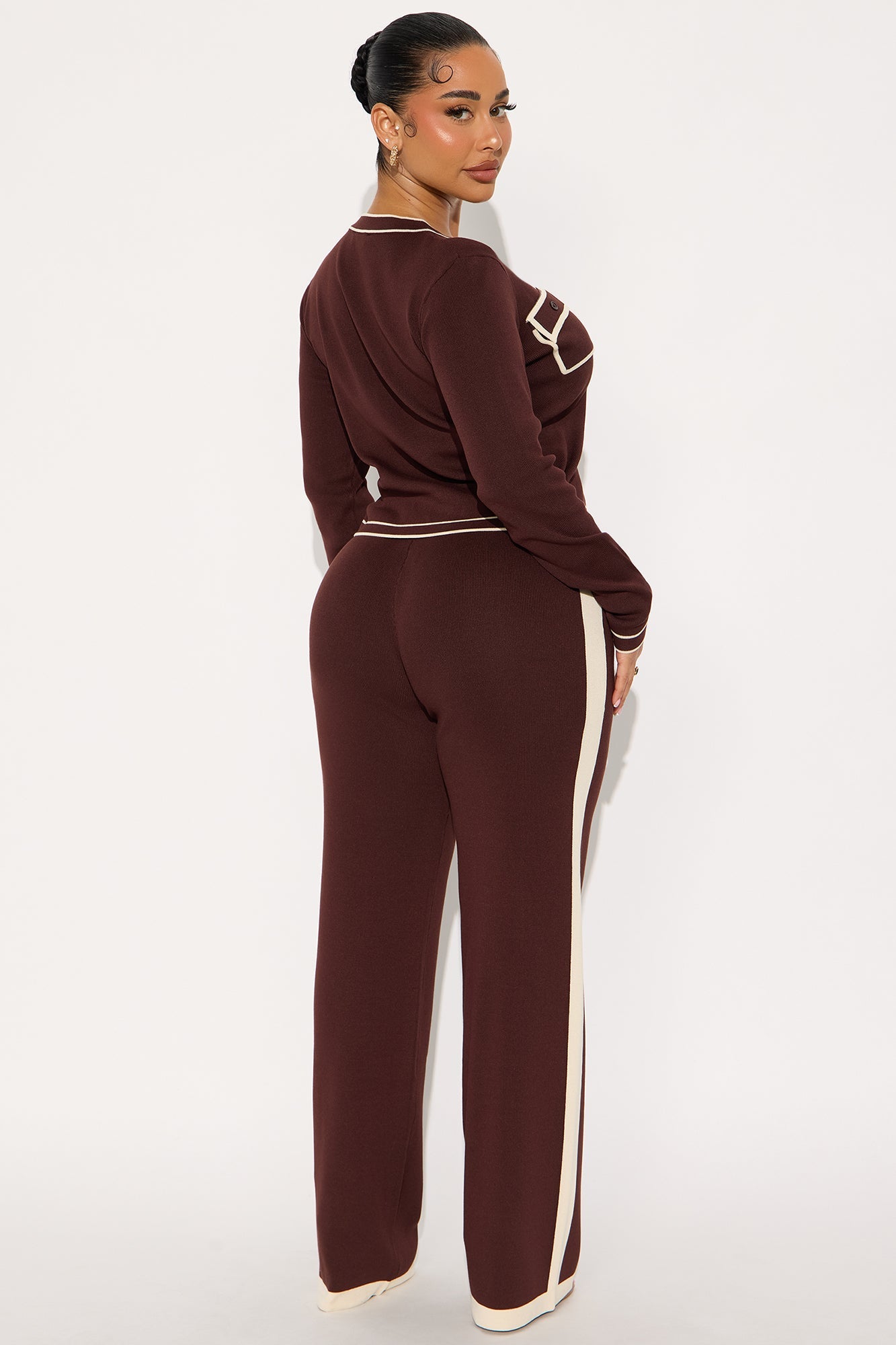 Emma Contrast Trim Sweater Set - Chocolate