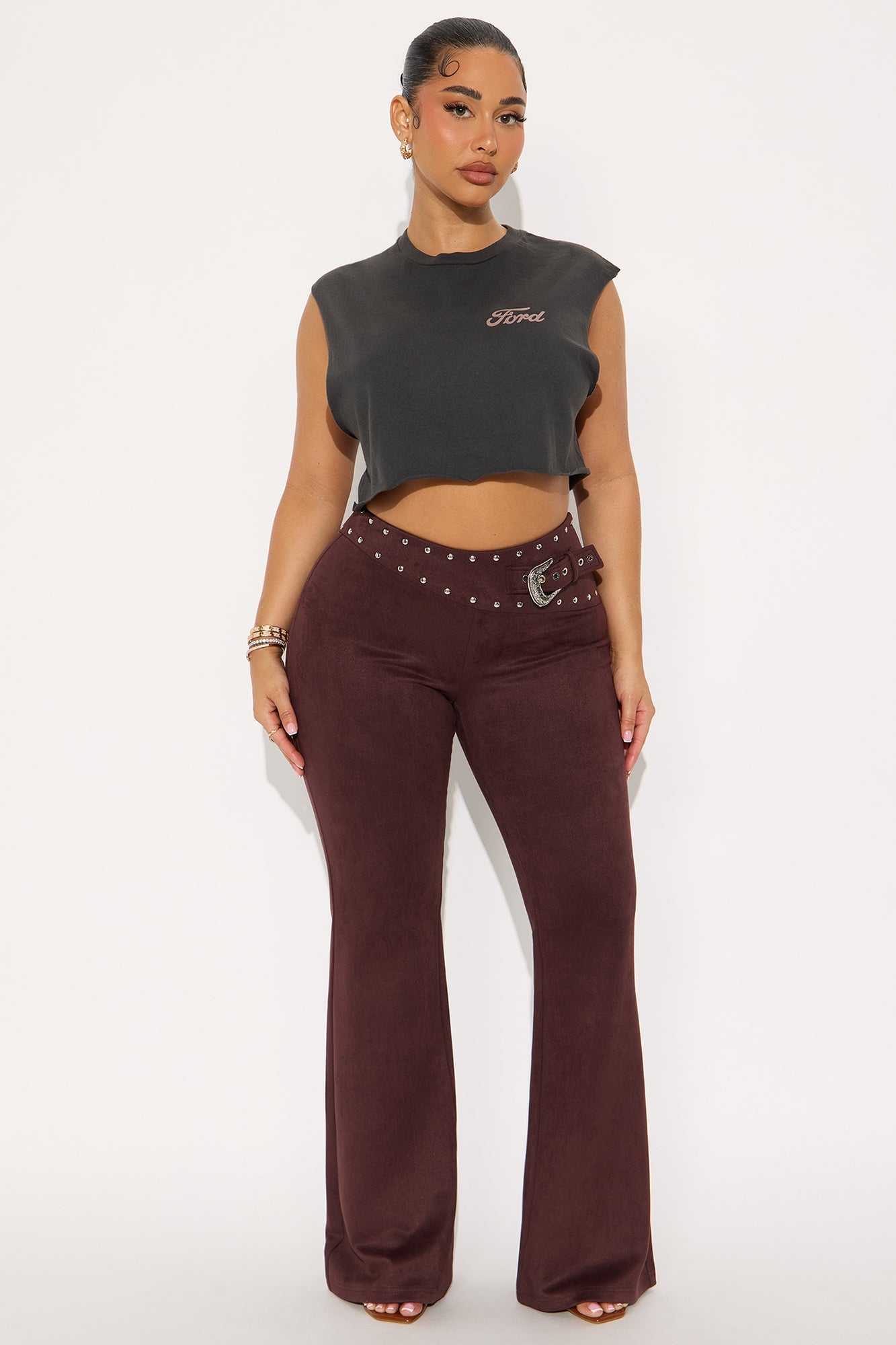 Round Em Up Faux Suede Flare Leg Pant 34 - Chocolate