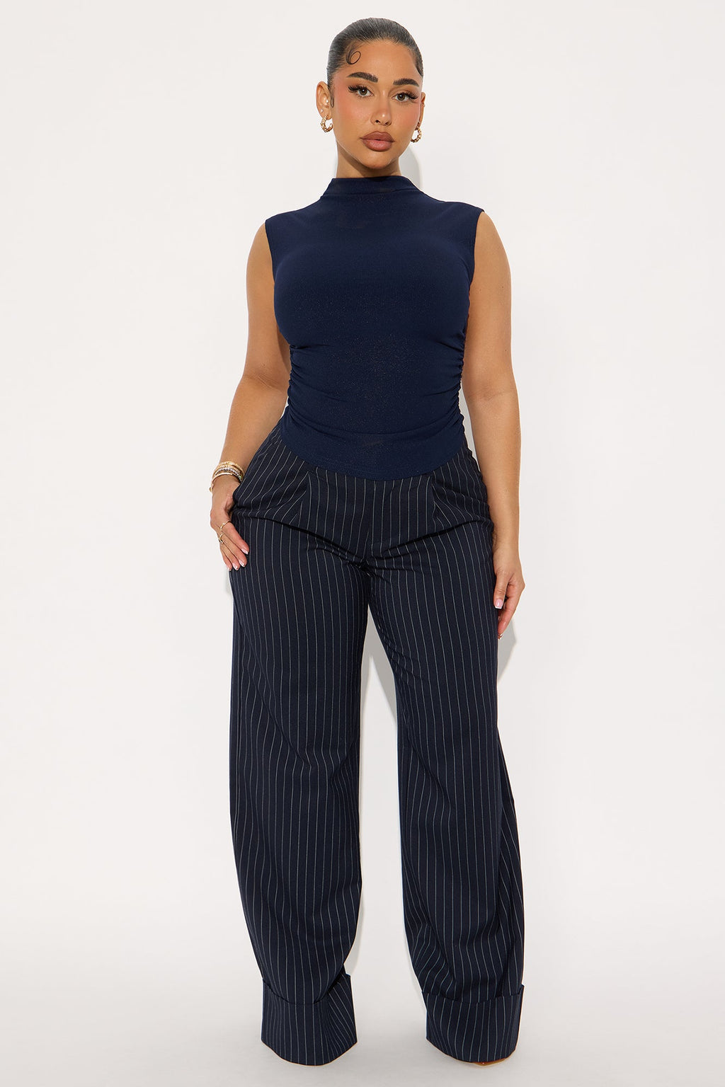 Retta Ruched Mock Neck Metallic Top - Navy
