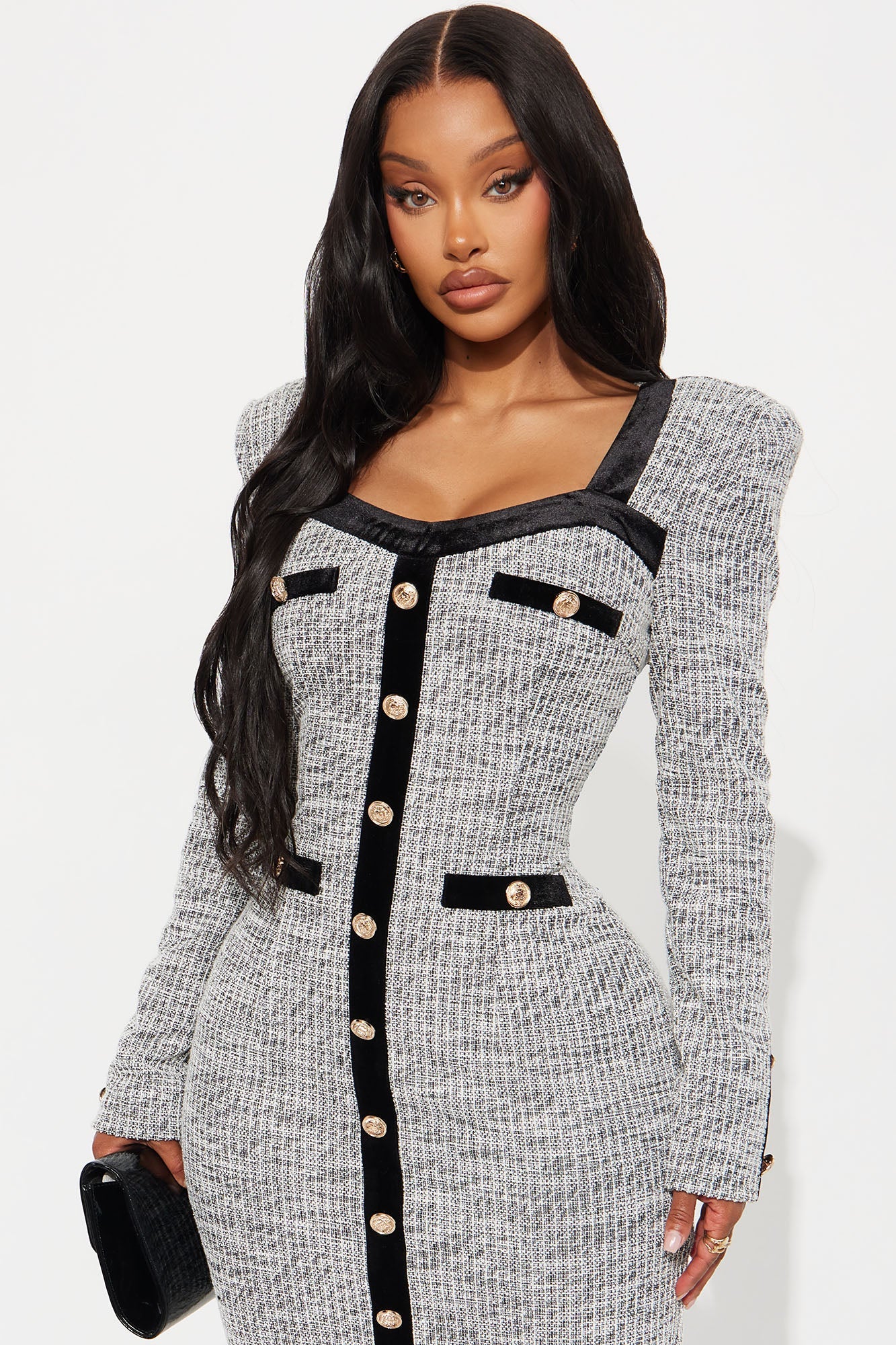 Breanne Long Sleeve Tweed Midi Dress - Black/White