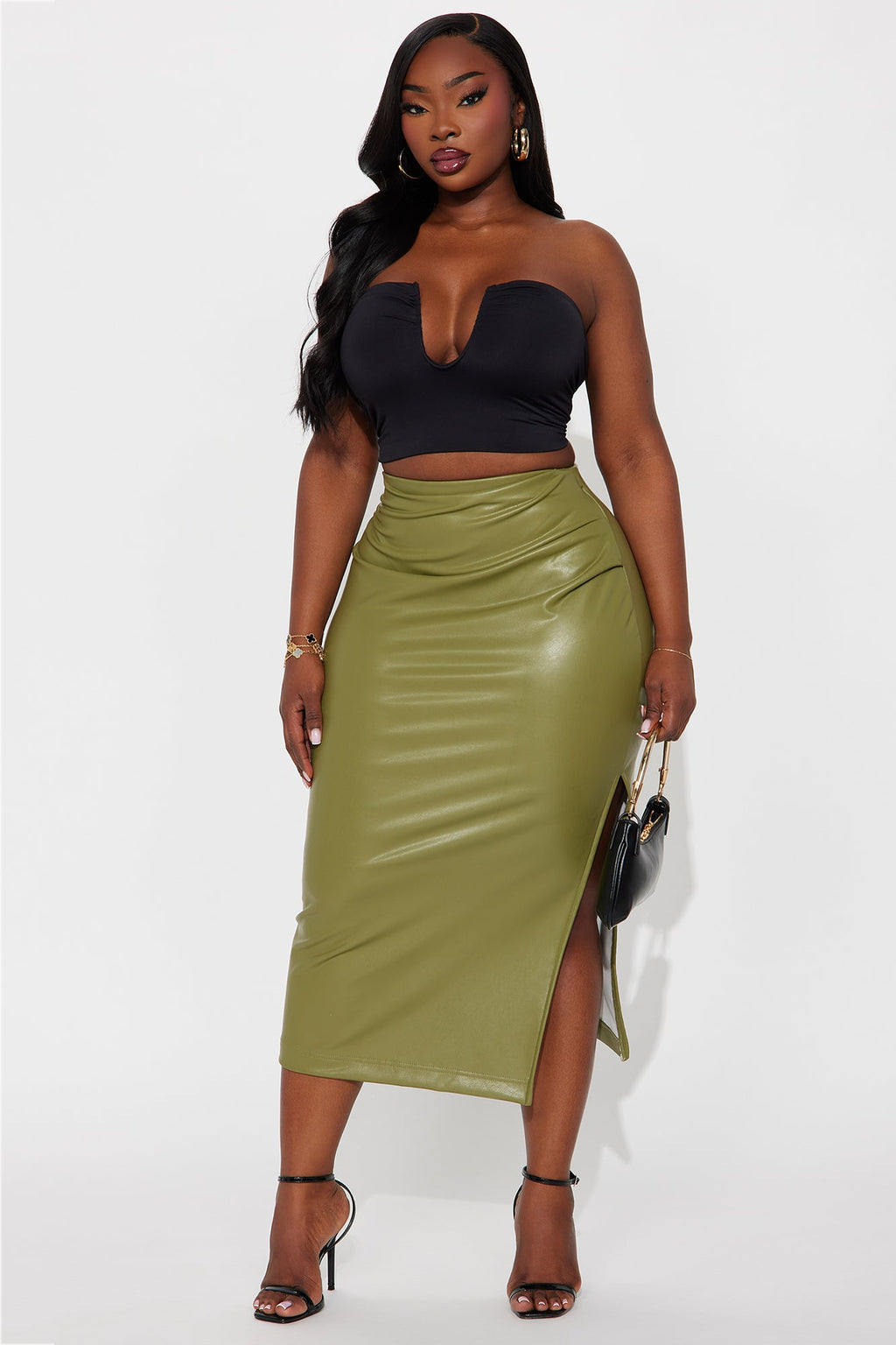 By The Corner Faux Leather Midi Skirt - Olive
