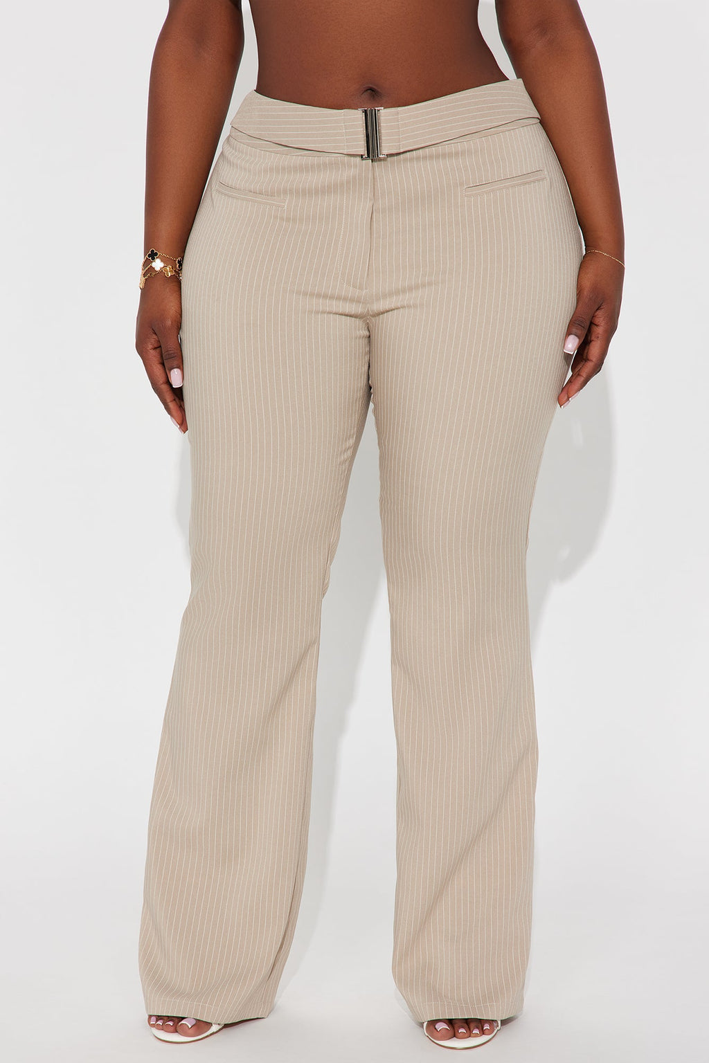Giana Pinstripe Belted Trouser Pant 33″ - Stone/Combo
