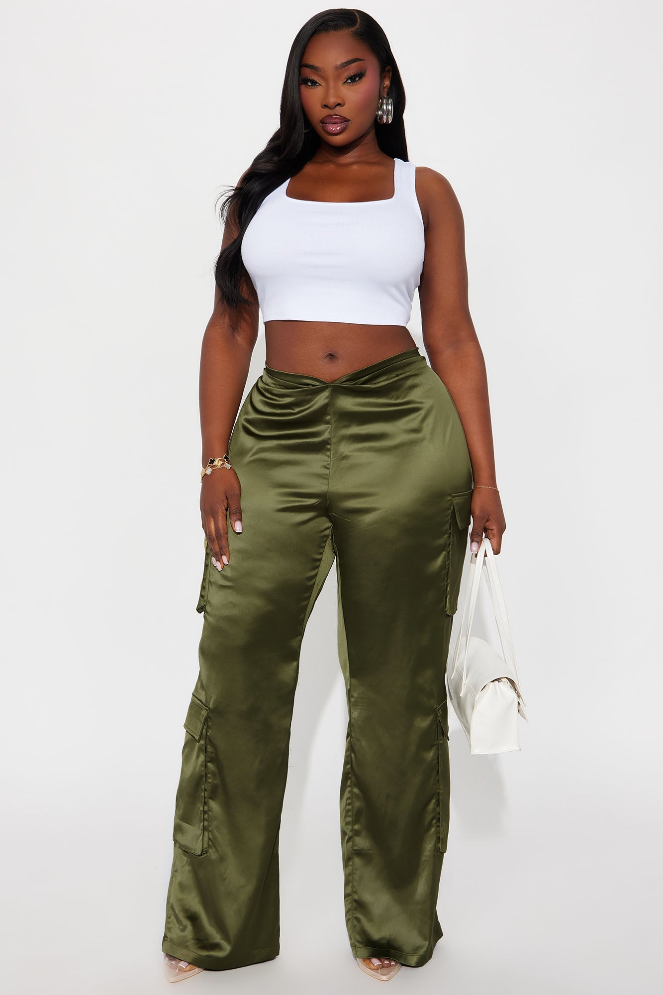 Eliza V Front Satin Straight Leg Pant 33″ - Olive