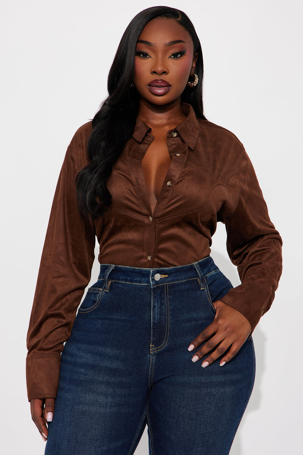Giddy Up Faux Suede Shirt - Brown
