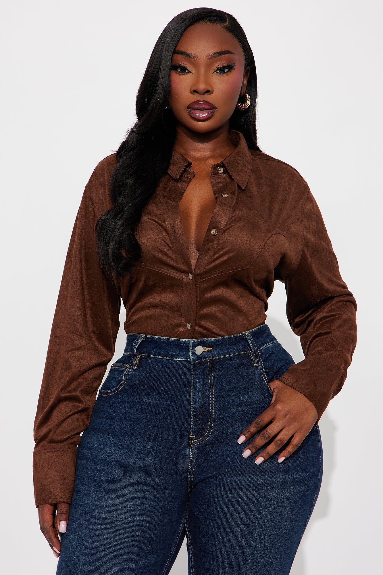 Giddy Up Faux Suede Shirt - Brown