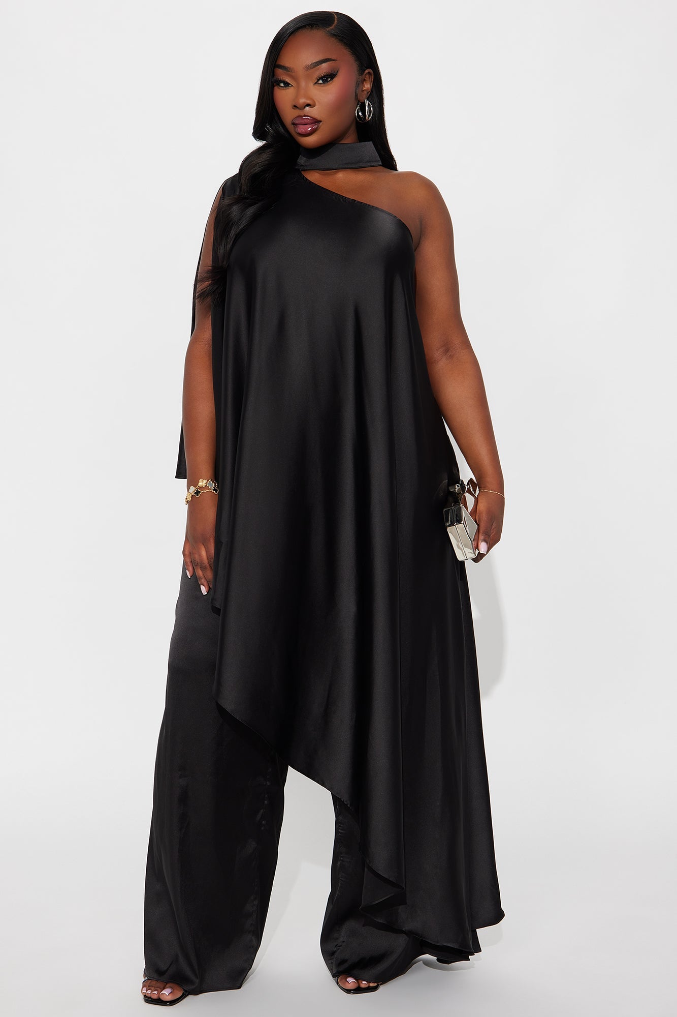 Solana Satin One Shoulder Draped Pant Set - Black