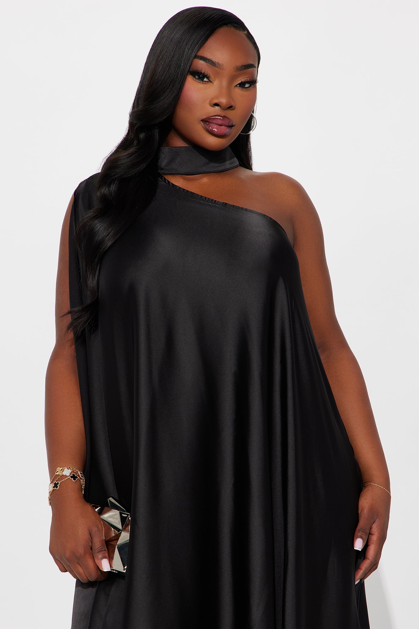 Solana Satin One Shoulder Draped Pant Set - Black