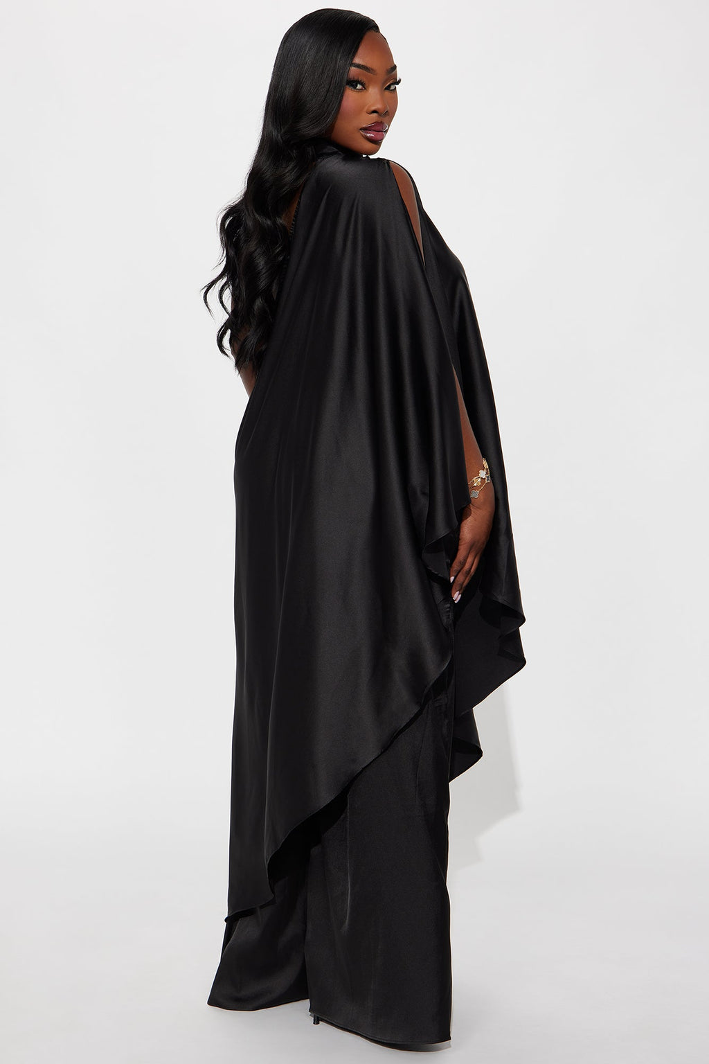 Solana Satin One Shoulder Draped Pant Set - Black