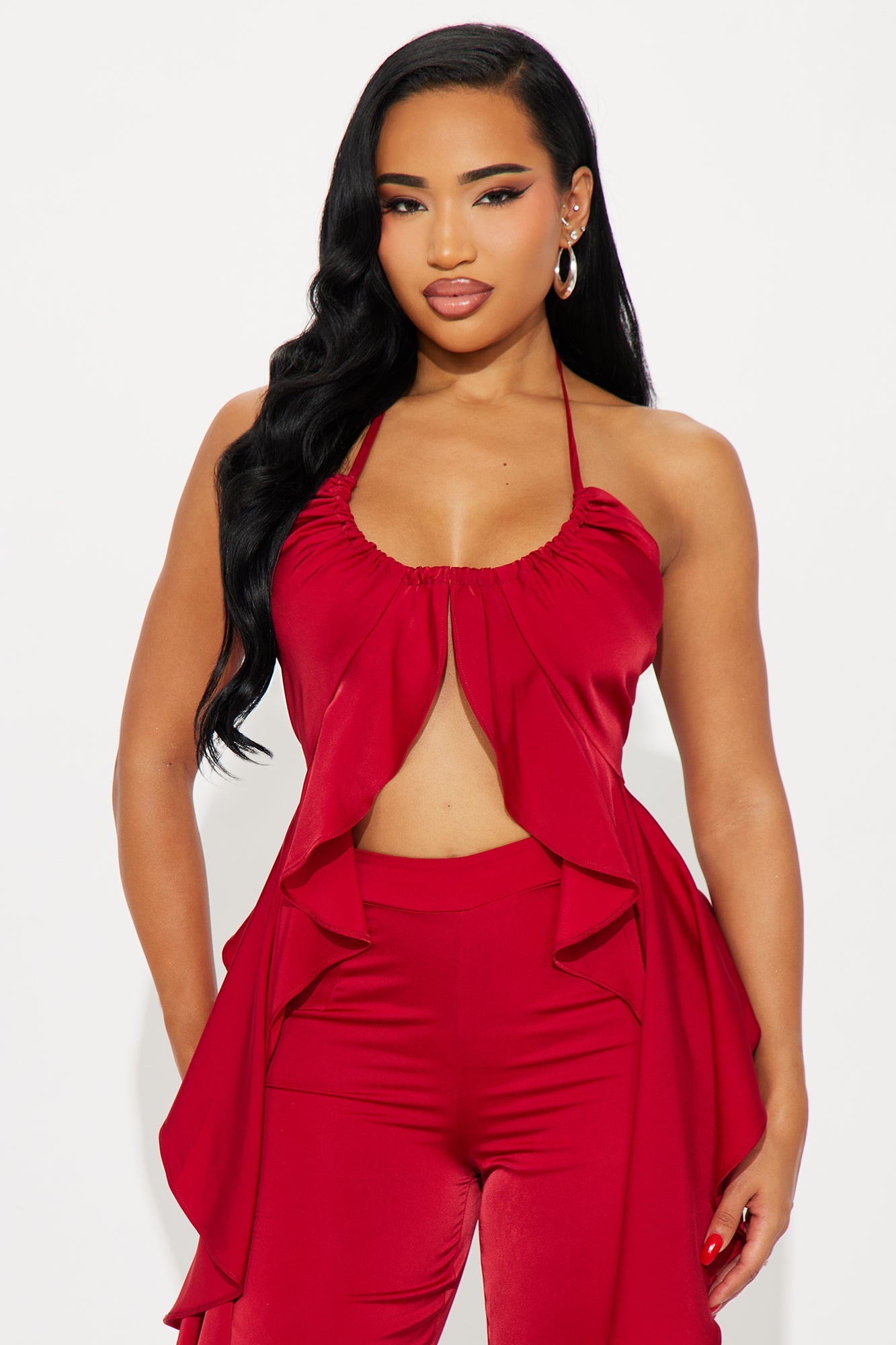 Crystal Shores Flowy Satin Pant Set - Wine