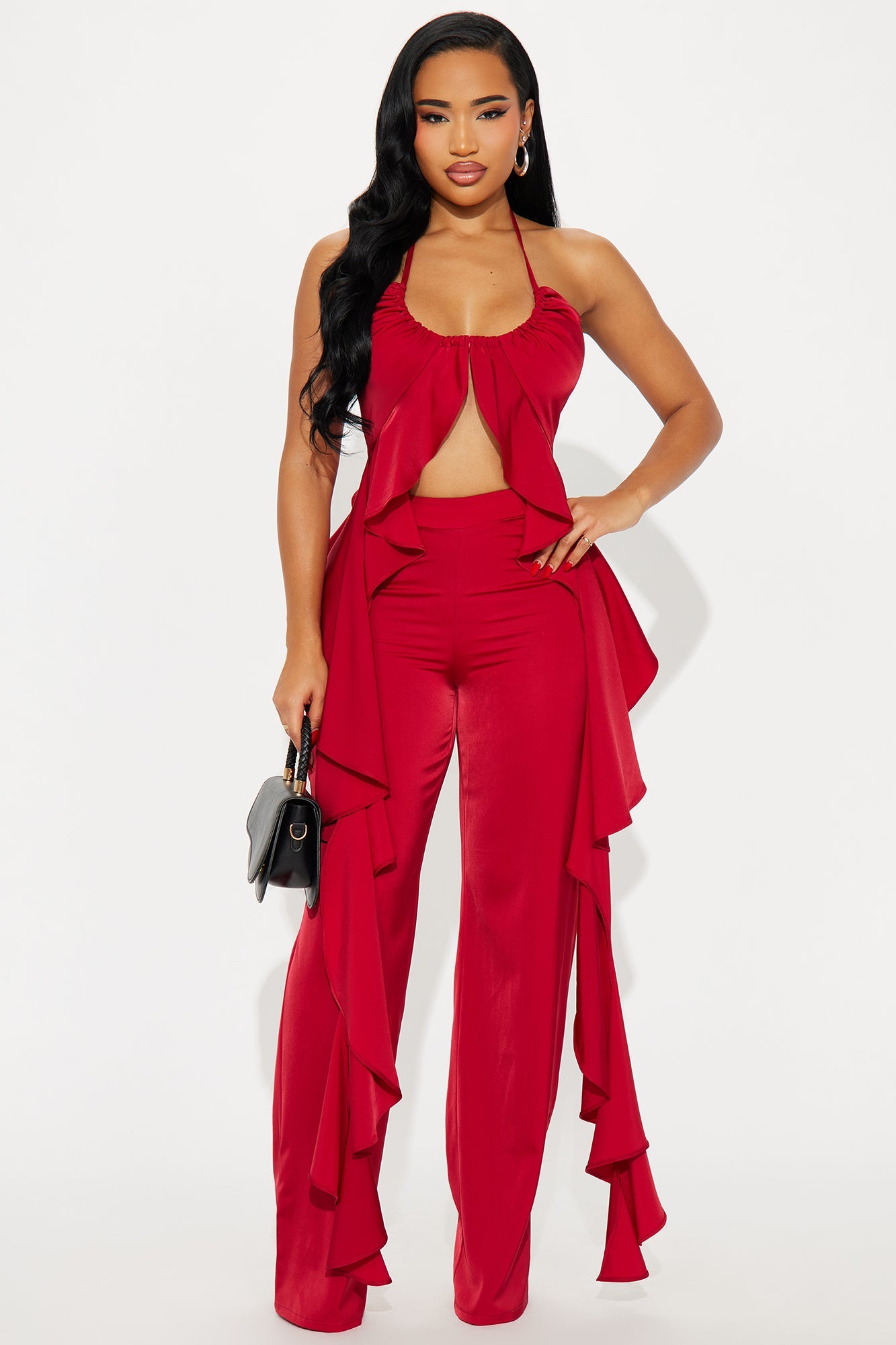 Crystal Shores Flowy Satin Pant Set - Wine