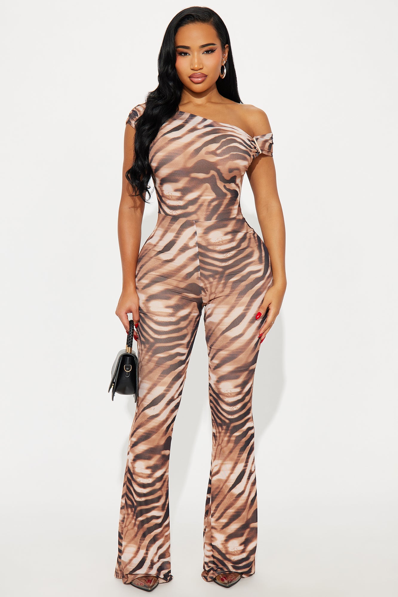 Animal Instincts Off Shoulder Jumpsuit - Brown/combo