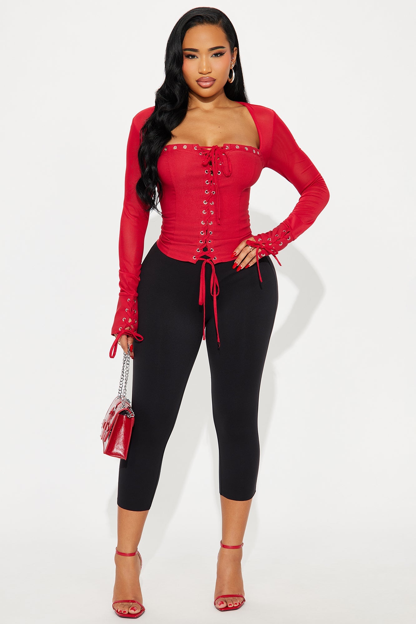 Irma Long Sleeve Corset Top - Red