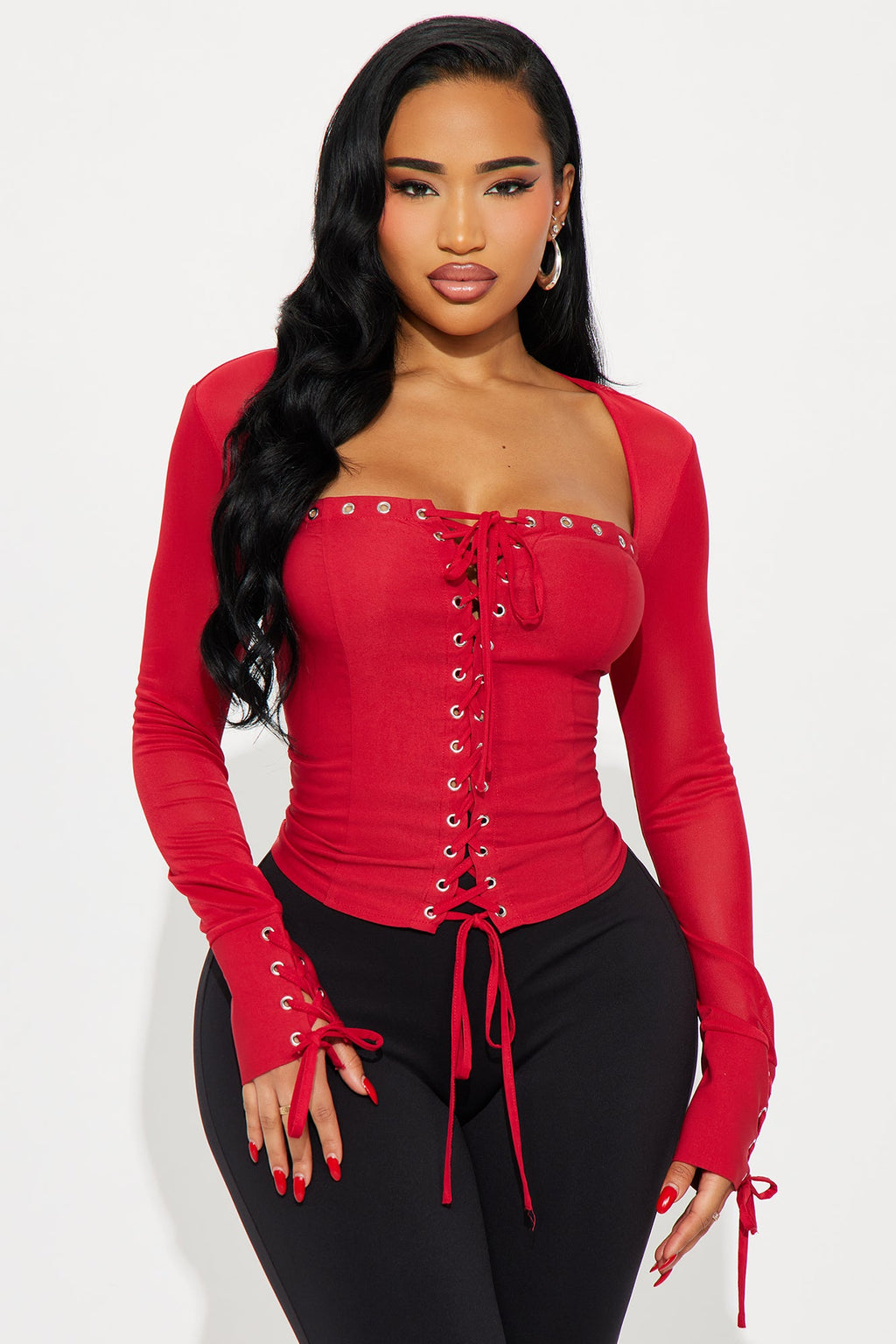 Irma Long Sleeve Corset Top - Red