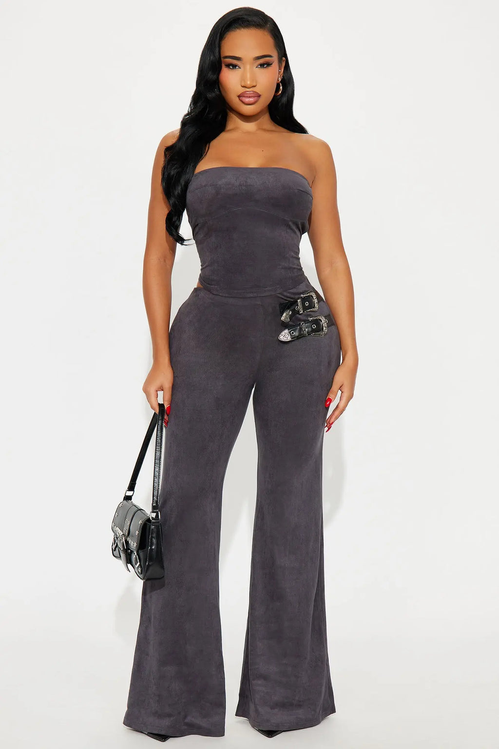 Buckle Up Faux Suede Belted Pant Set - Grey 
