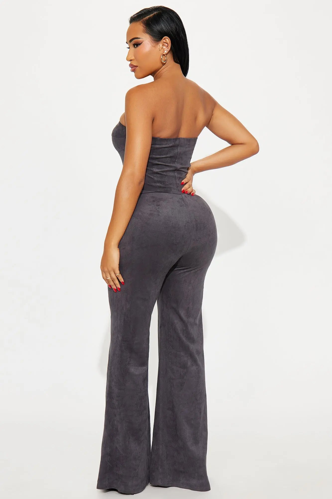 Buckle Up Faux Suede Belted Pant Set - Grey 