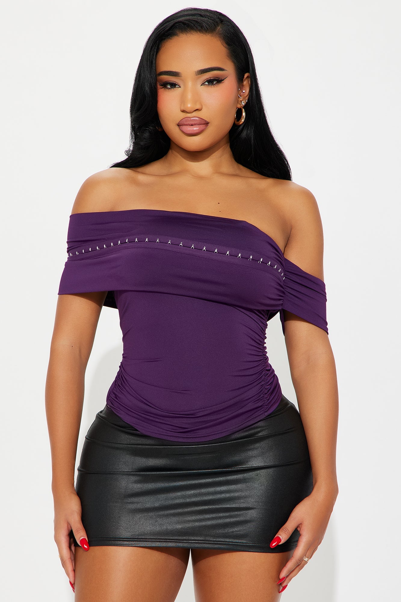 Toria Ruched Off Shoulder Top - Purple