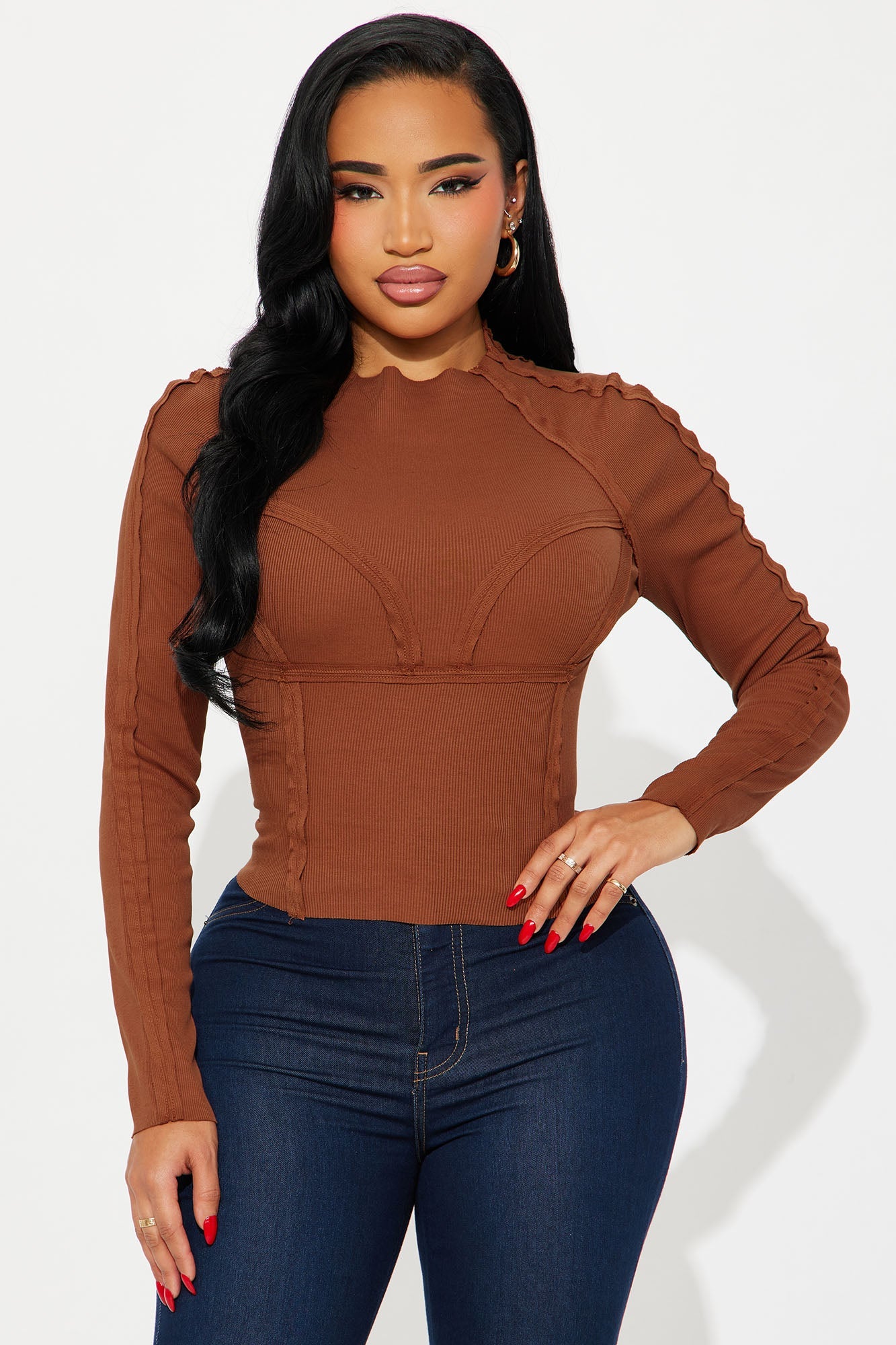 Camdyn Long Sleeve Ribbed Top - Coco