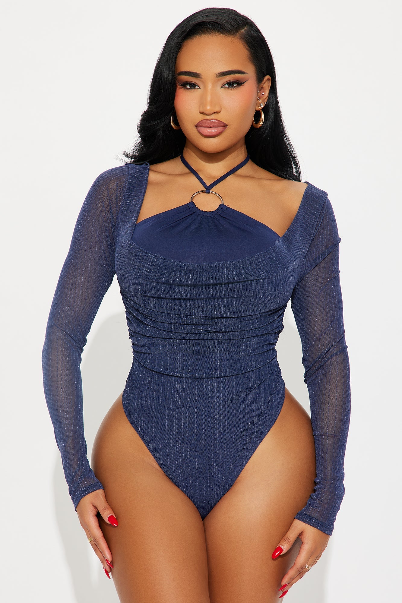 Destiny Long Sleeve Ruched Bodysuit - Navy