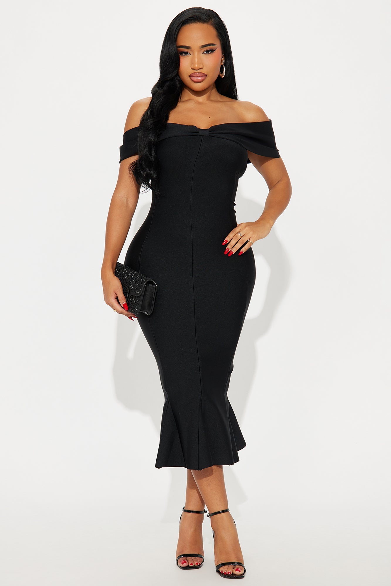 Brenda Mermaid Bandage Midi Dress - Black
