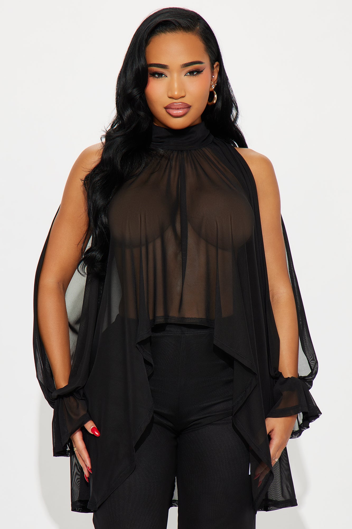 Divine Dreamer Draped Sheer Mesh Pant Set - Black
