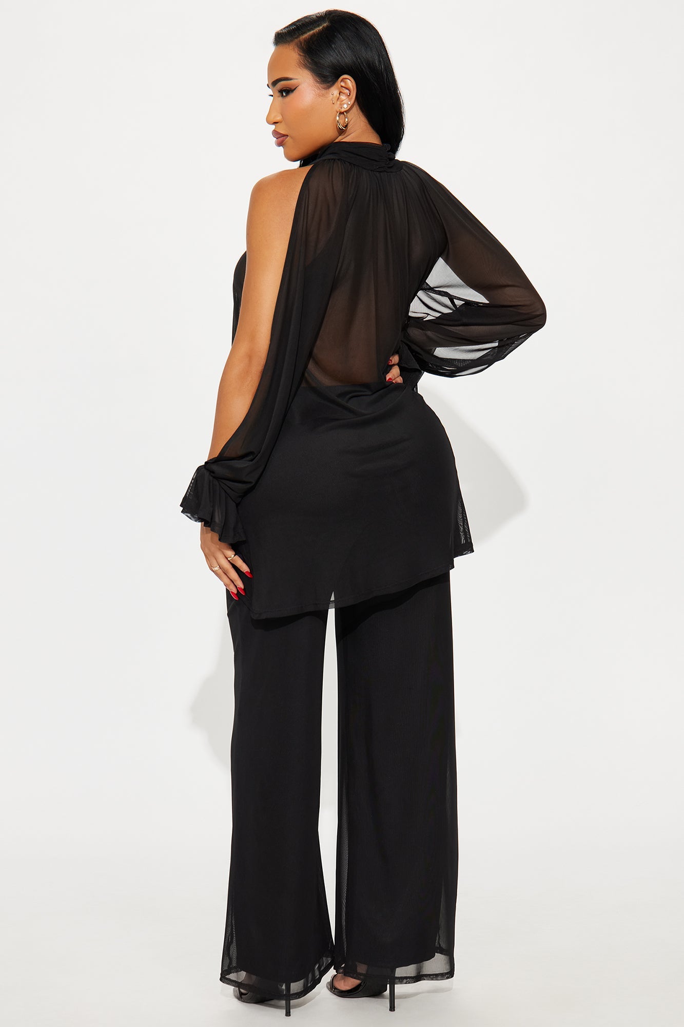 Divine Dreamer Draped Sheer Mesh Pant Set - Black