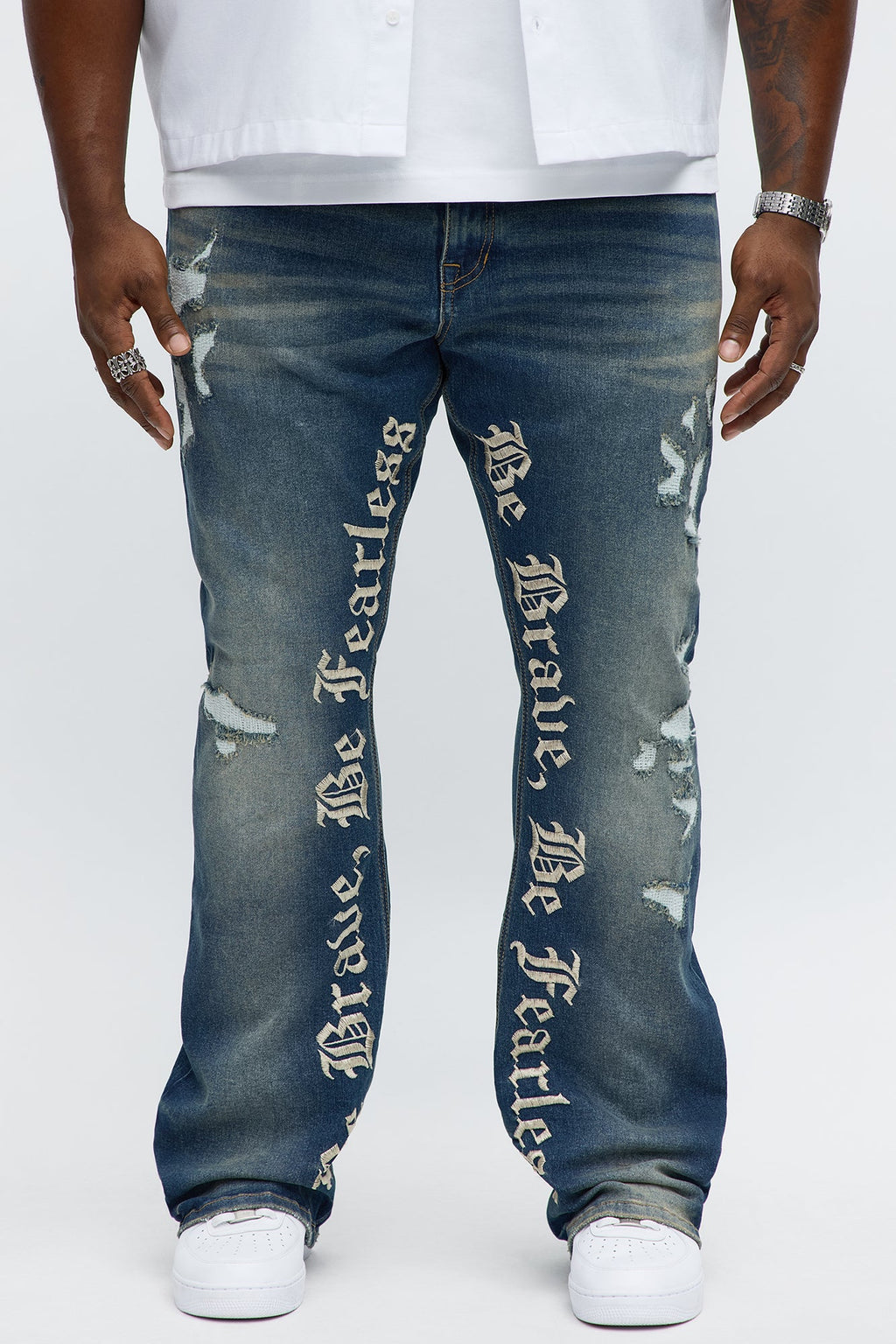 Stacked Skinny Flare Be Brave Be Fearless Embridered Jean - Dark Wash