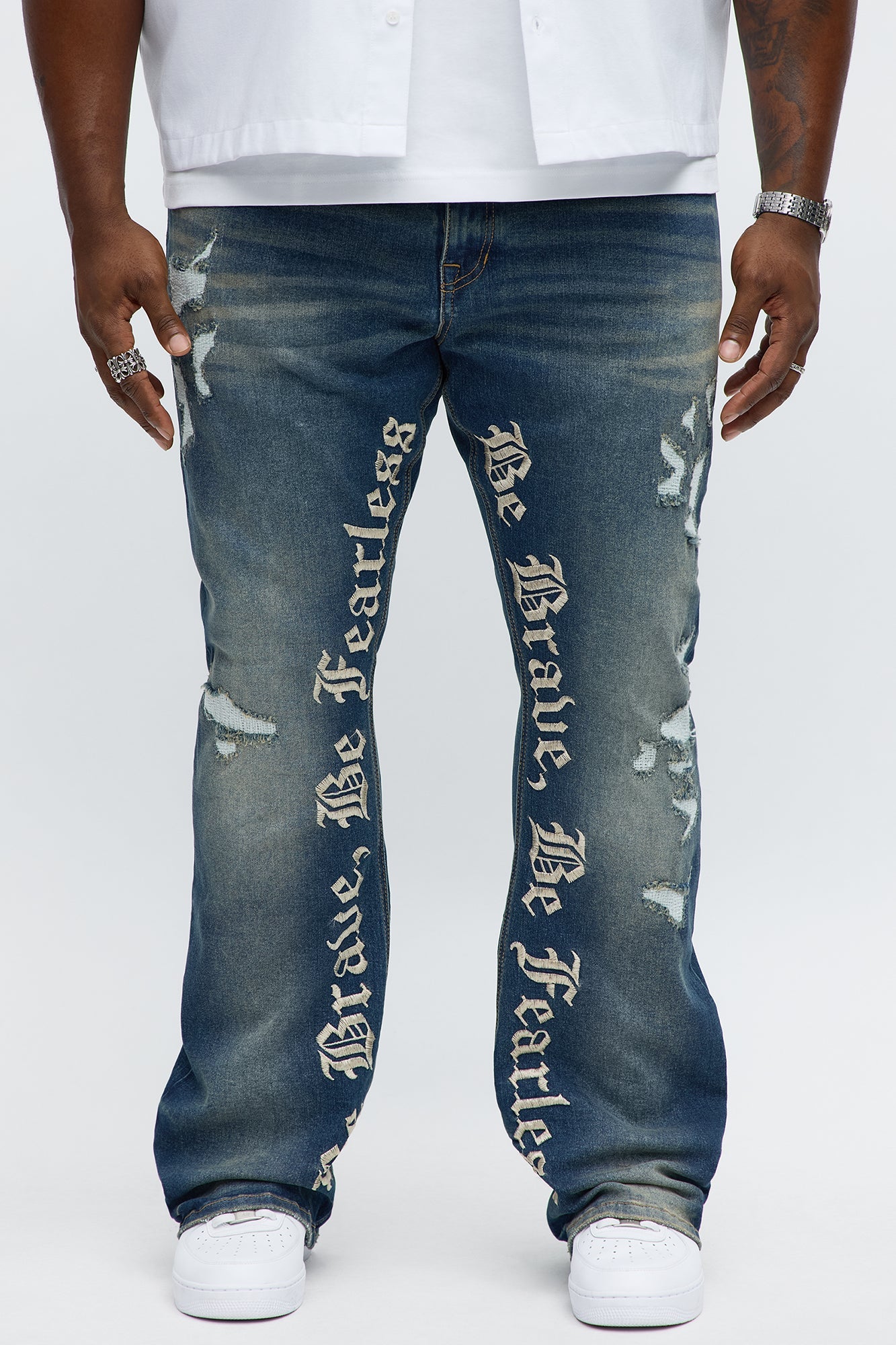 Stacked Skinny Flare Be Brave Be Fearless Embridered Jean - Dark Wash
