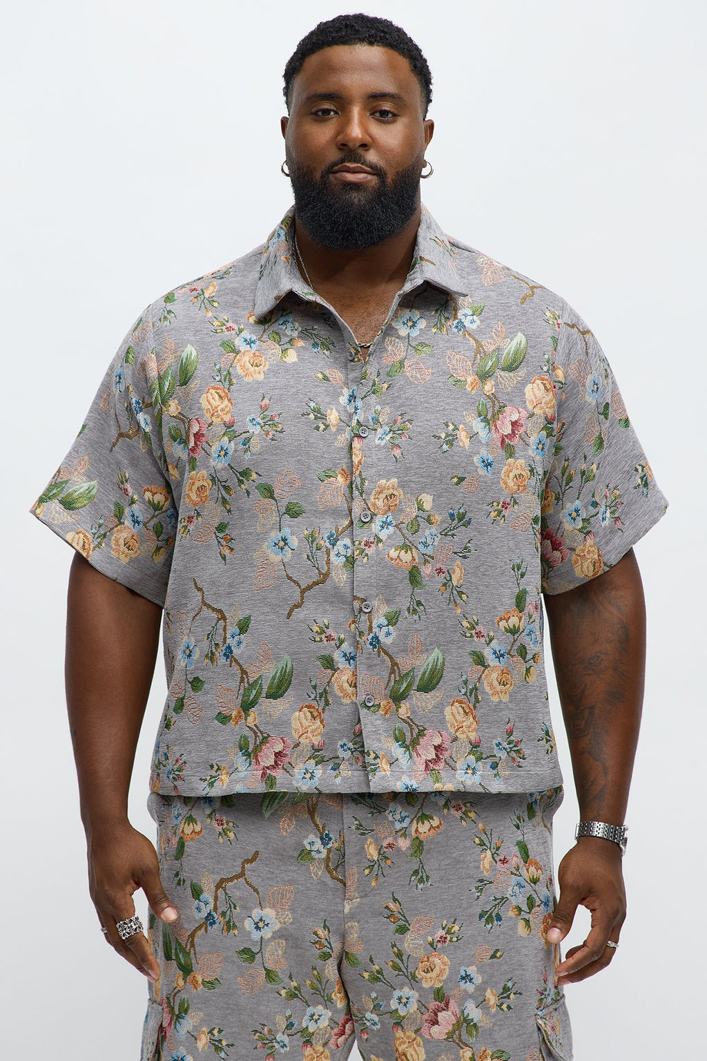 Cropped Blooming Button Up Shirt - Grey