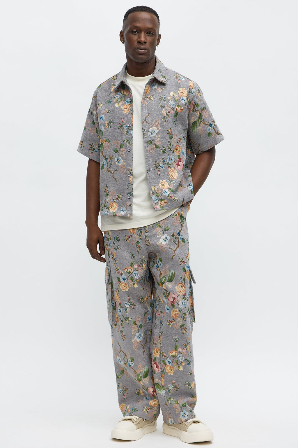 Cropped Blooming Button Up Shirt - Grey