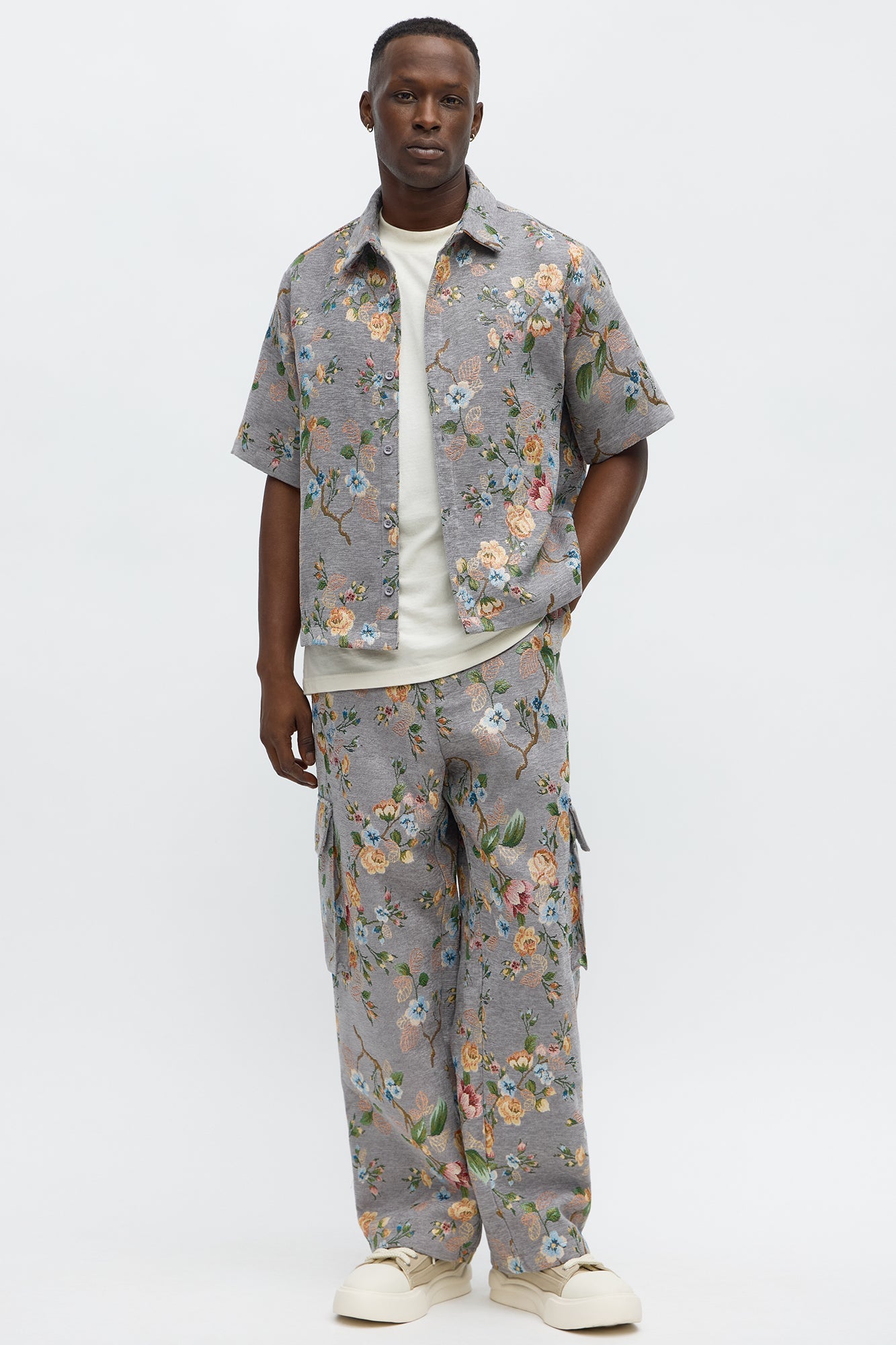 Cropped Blooming Button Up Shirt - Grey