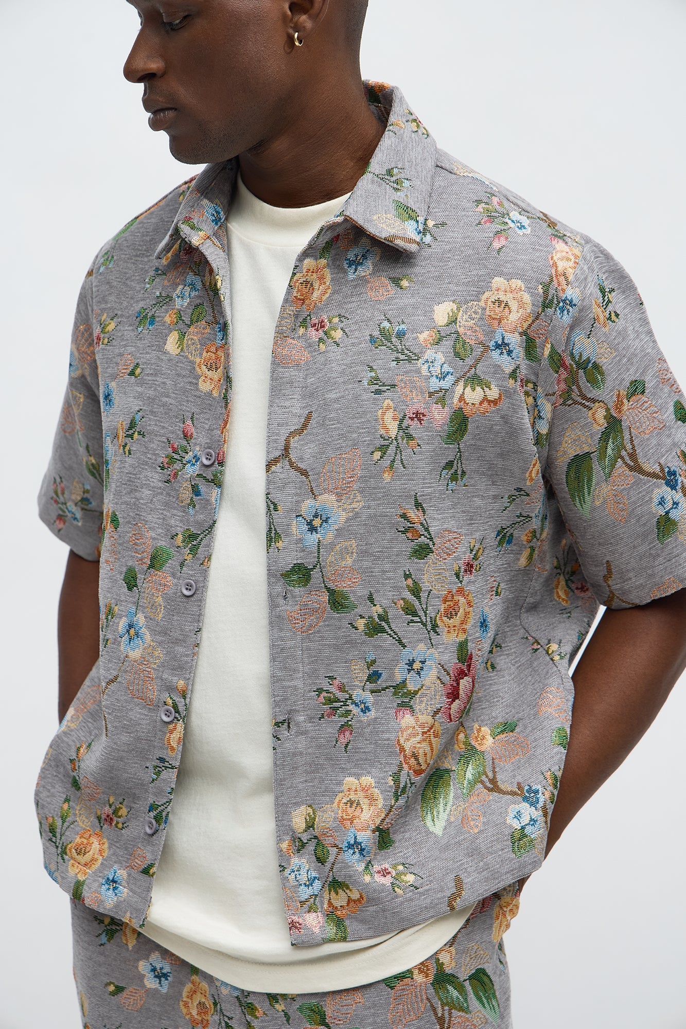 Cropped Blooming Button Up Shirt - Grey