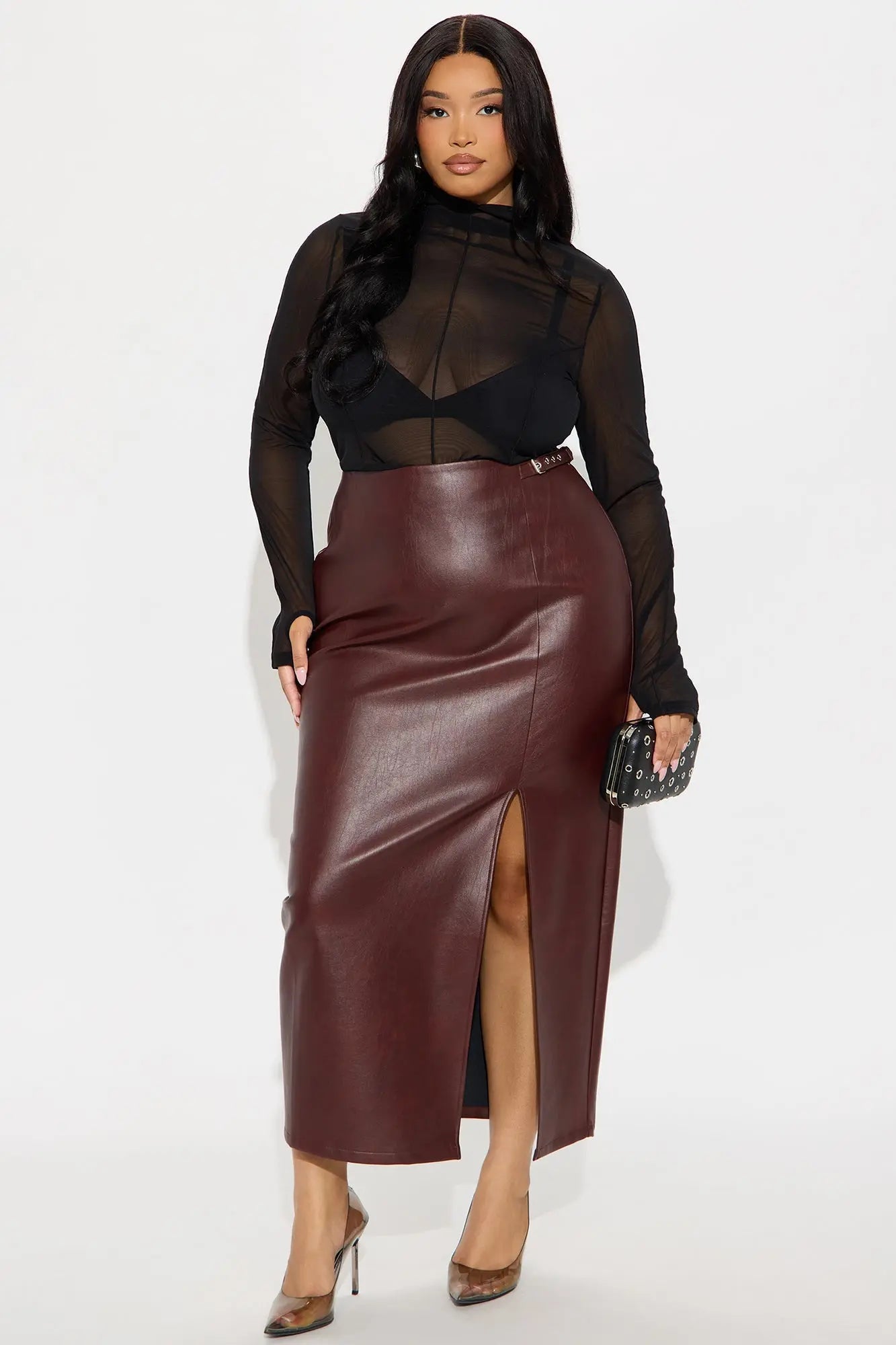 Bad For You Belted Faux Leather Maxi Skirt - Burgundy 
