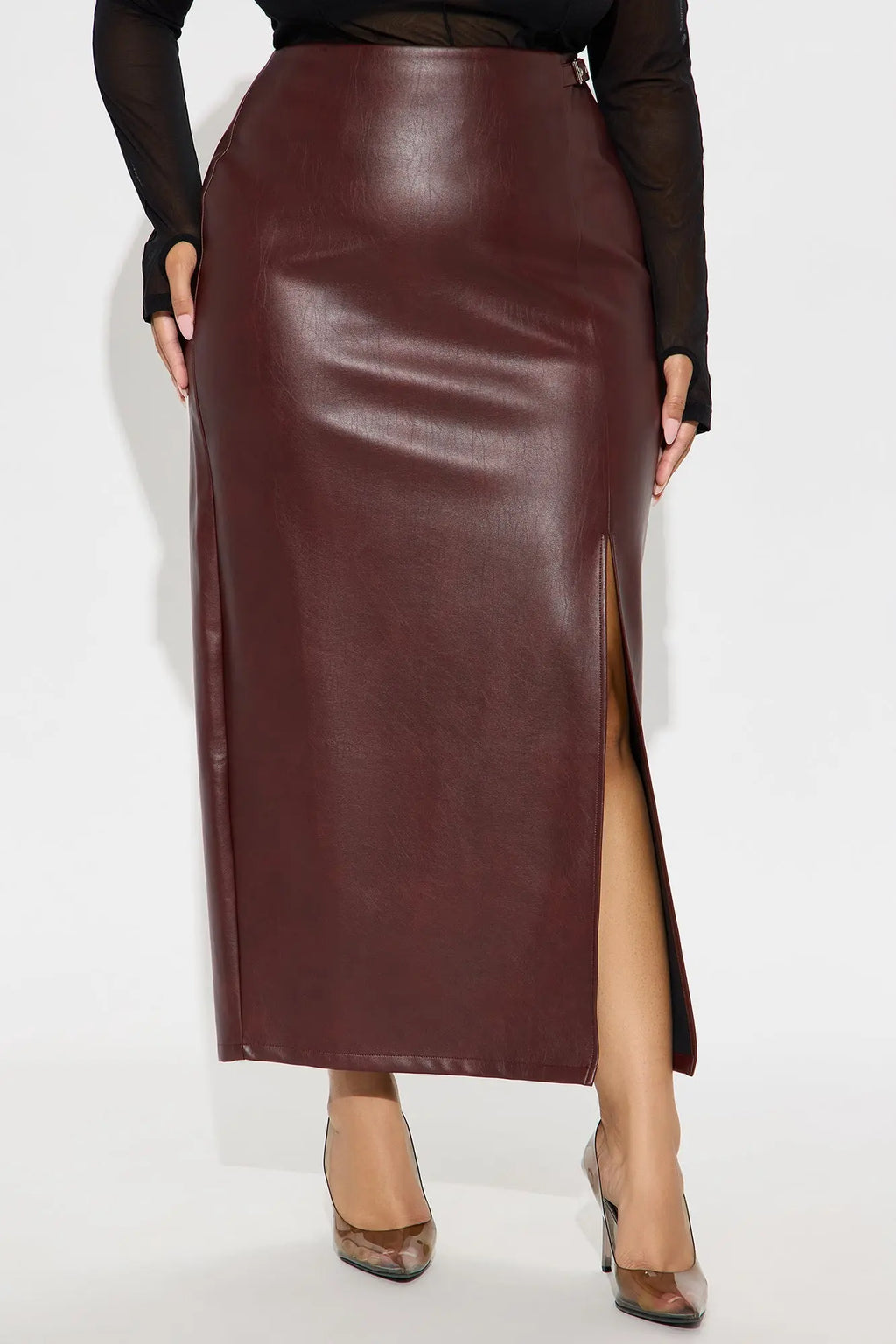 Bad For You Belted Faux Leather Maxi Skirt - Burgundy 