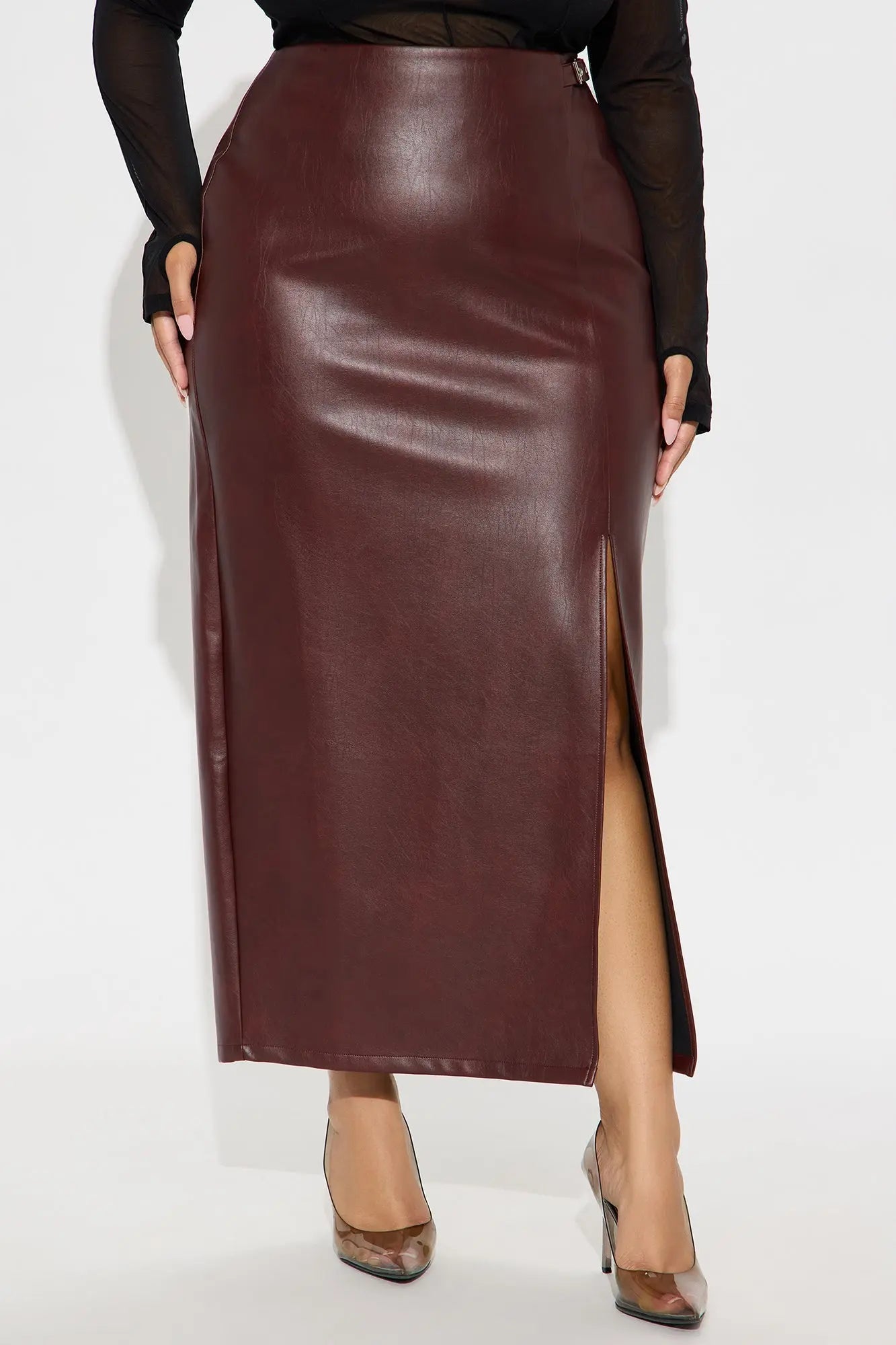 Bad For You Belted Faux Leather Maxi Skirt - Burgundy 