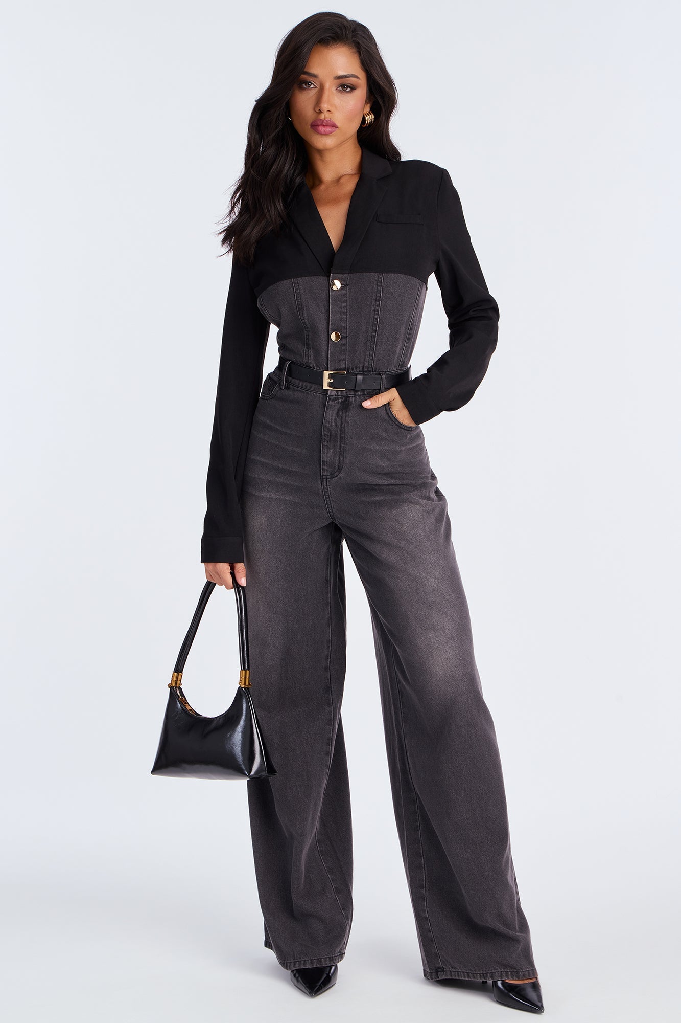 Double Identity Long Sleeve Denim Jumpsuit - Black Wash