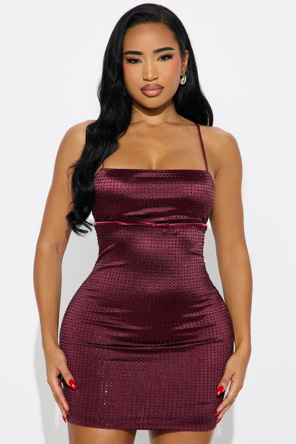 Raya Rhinestone Mini Dress - Wine