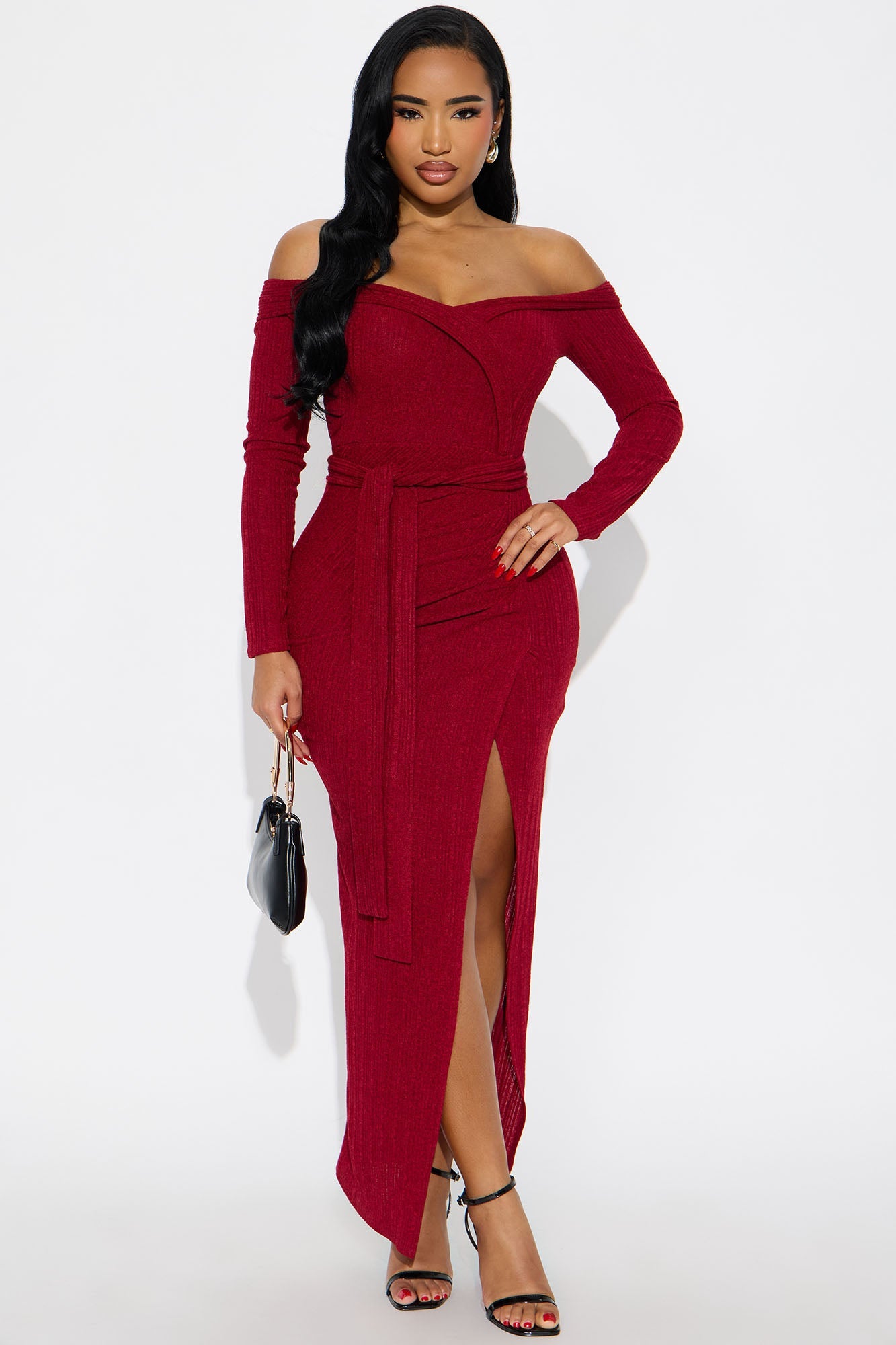 Selene Off Shoulder Sweater Maxi Dress - Burgundy