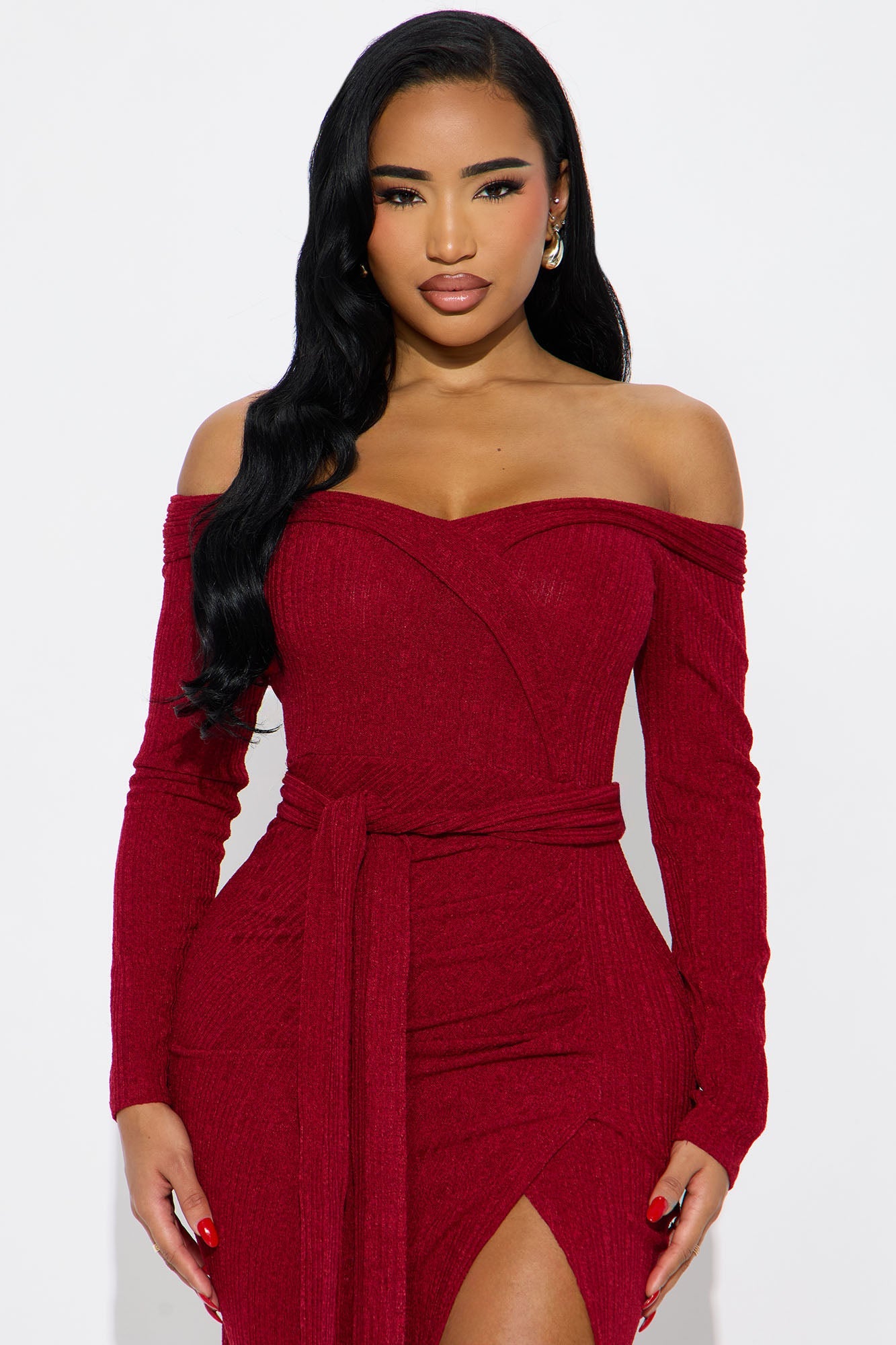 Selene Off Shoulder Sweater Maxi Dress - Burgundy